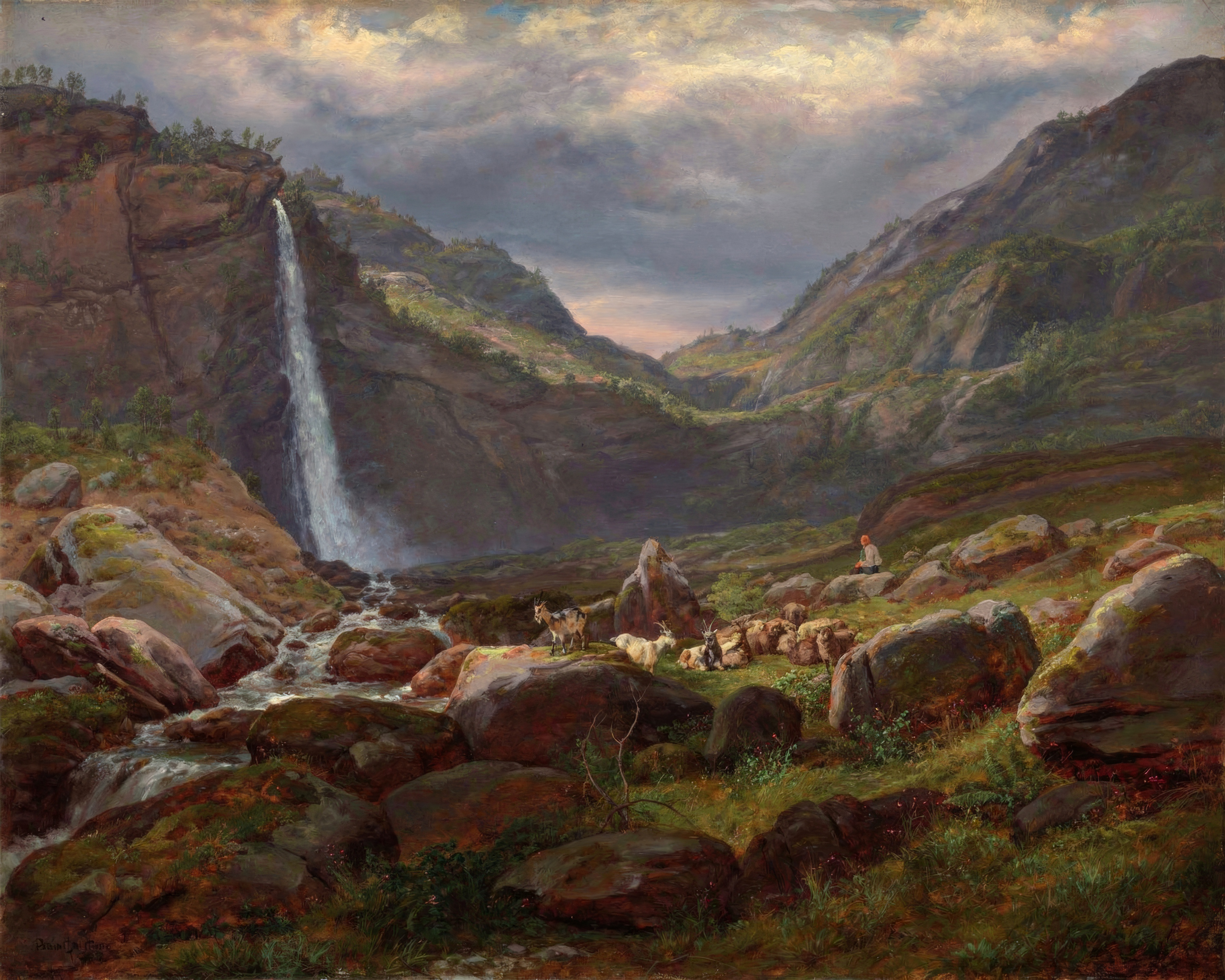 A huge waterfall pours down a cliff into a misty Norwegian fjord, a small boat below.
