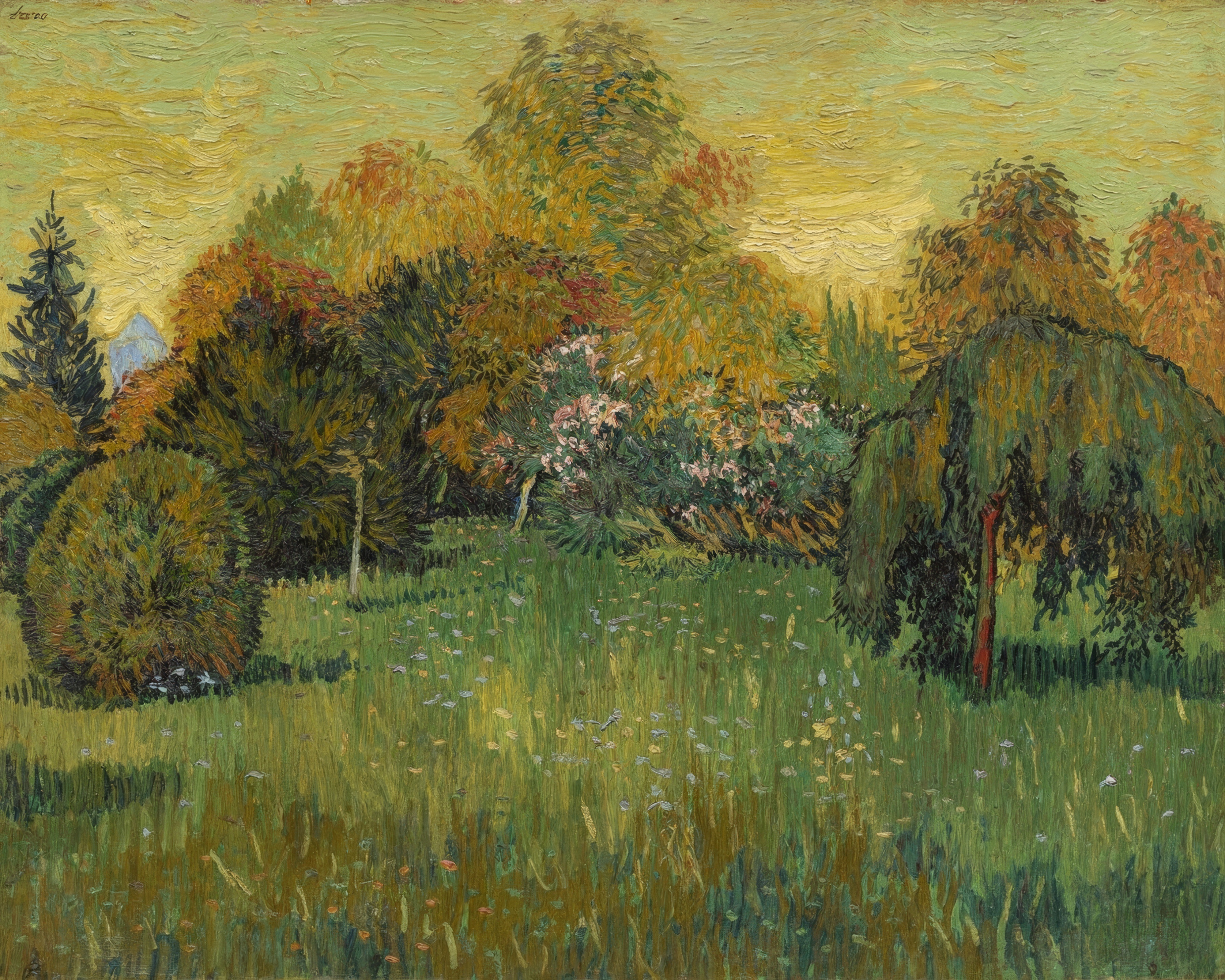 A sunny public garden in Arles with a lawn and dark trees.
