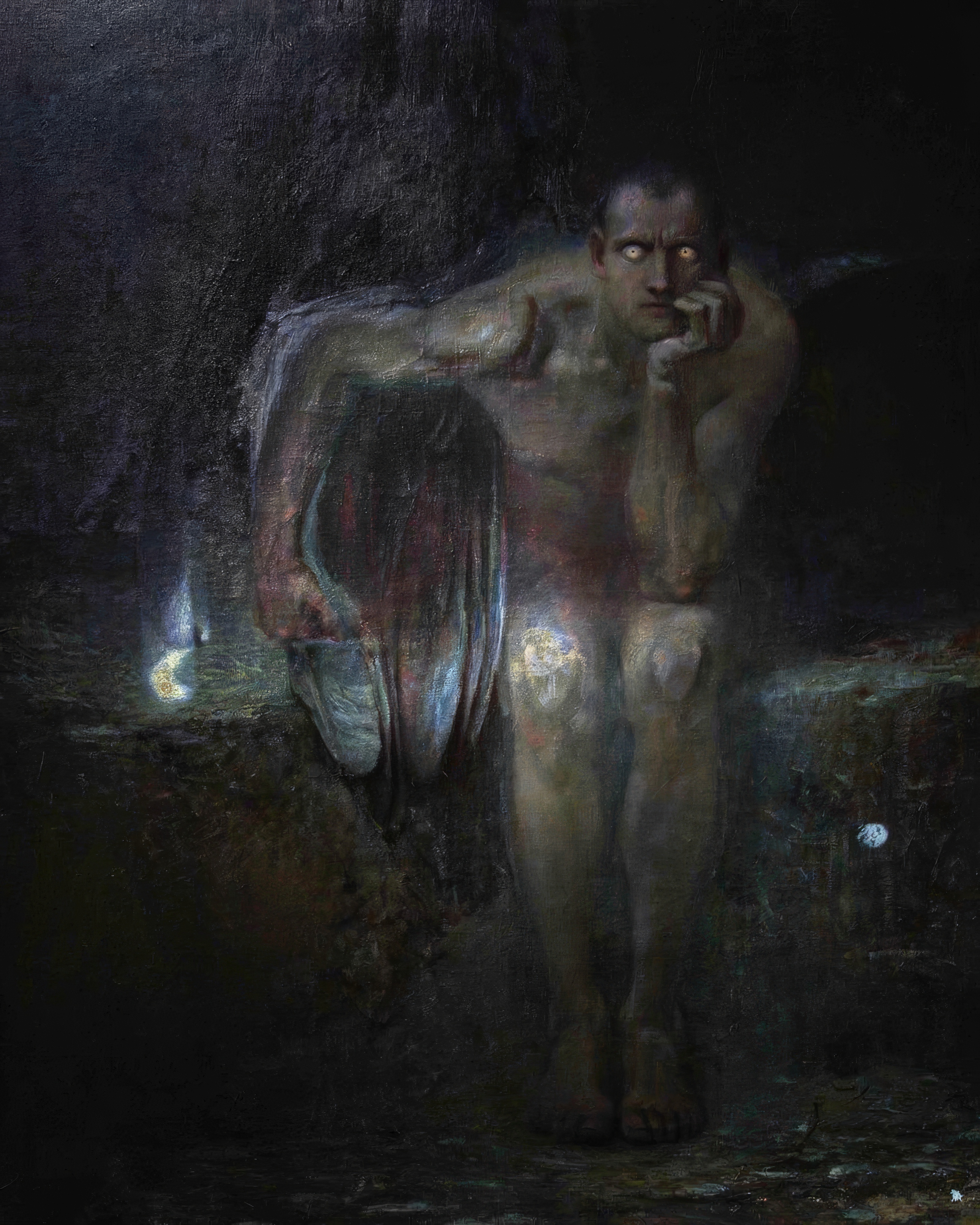 A dark winged figure crouches in shadow, staring out with glowing eyes.