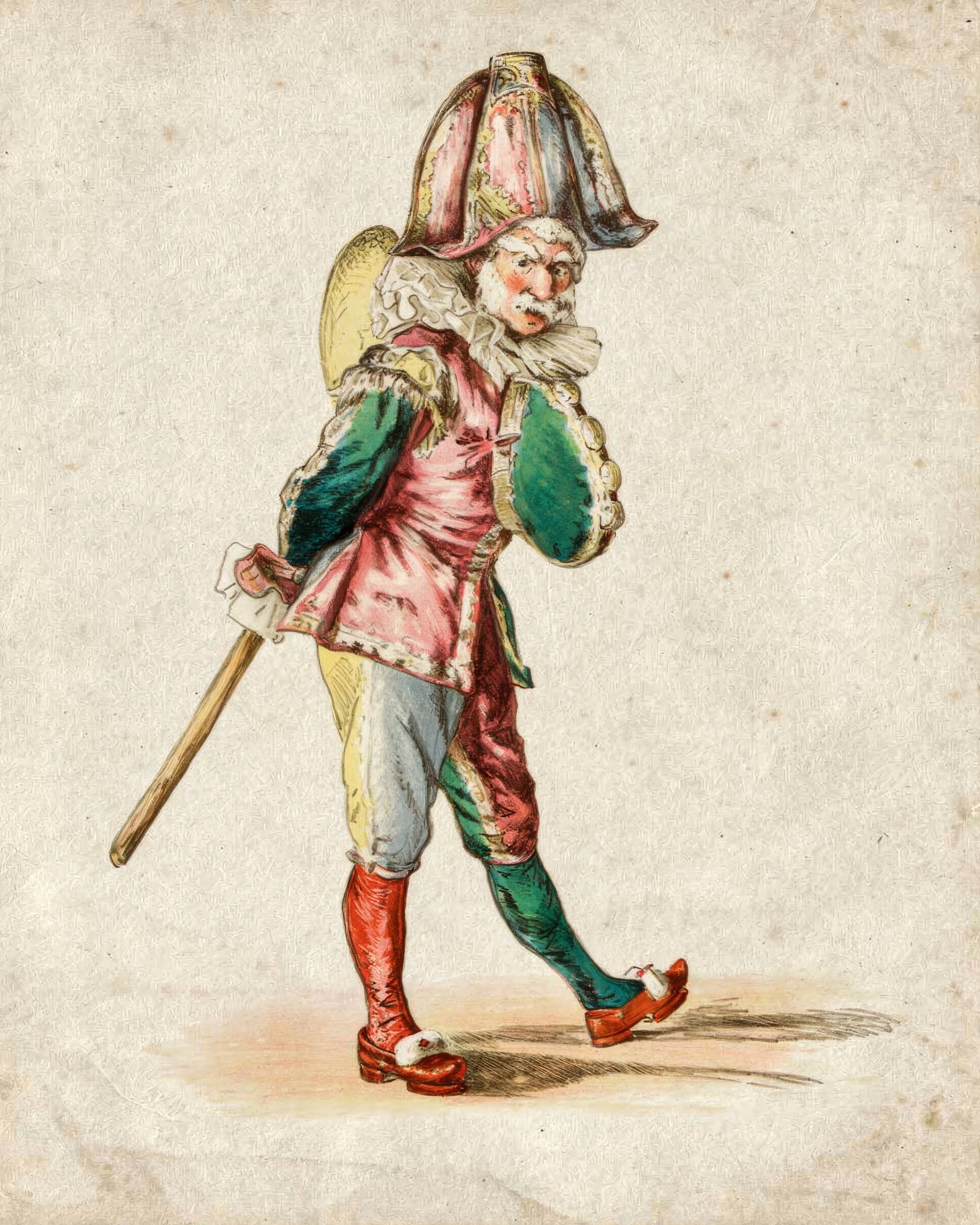 Polichinelle, the masked clown of Italian comedy, stands boldly in a white costume against a pale ground.