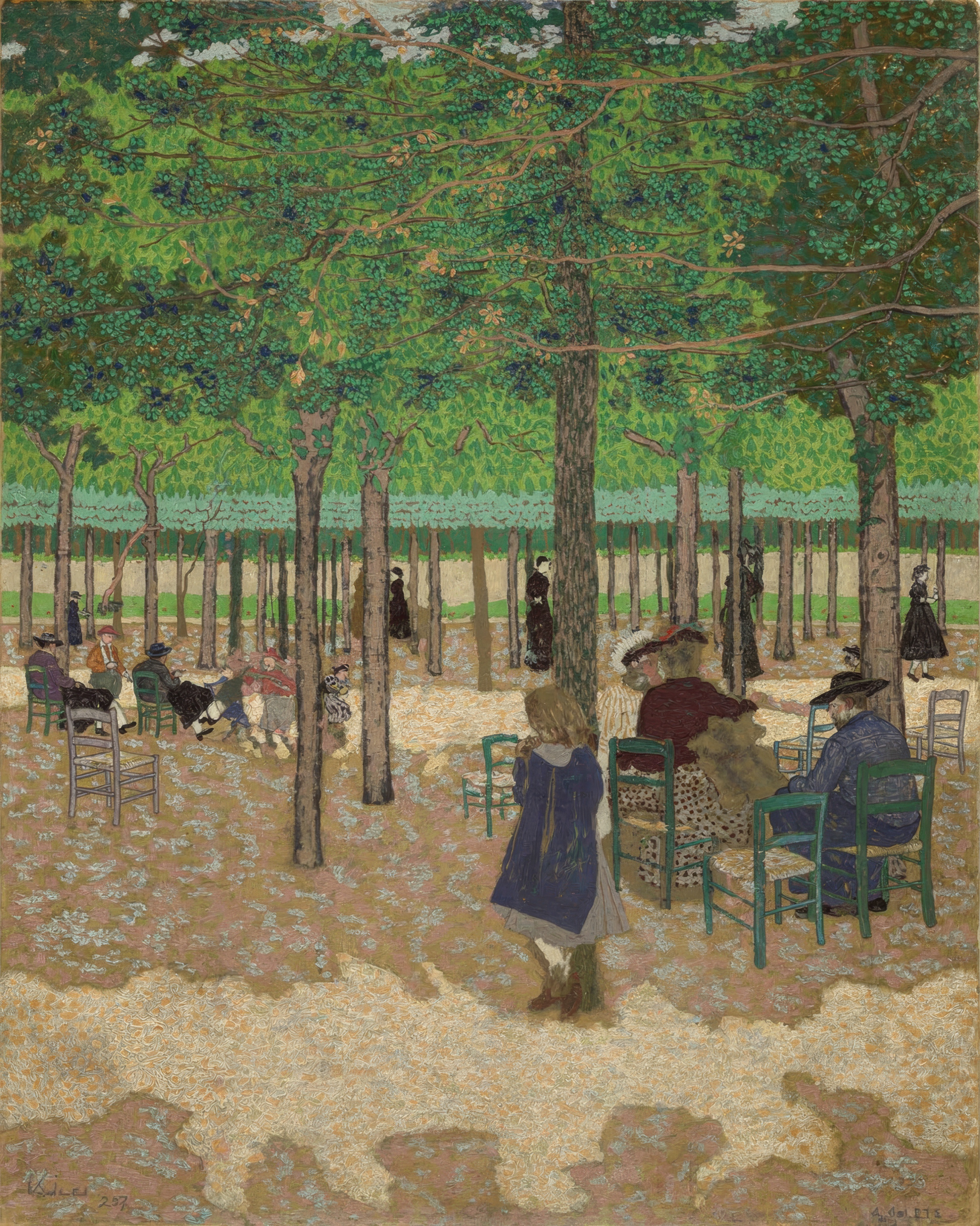 Figures relax in the dappled shade of trees in a Paris park, painted in soft greens and browns.