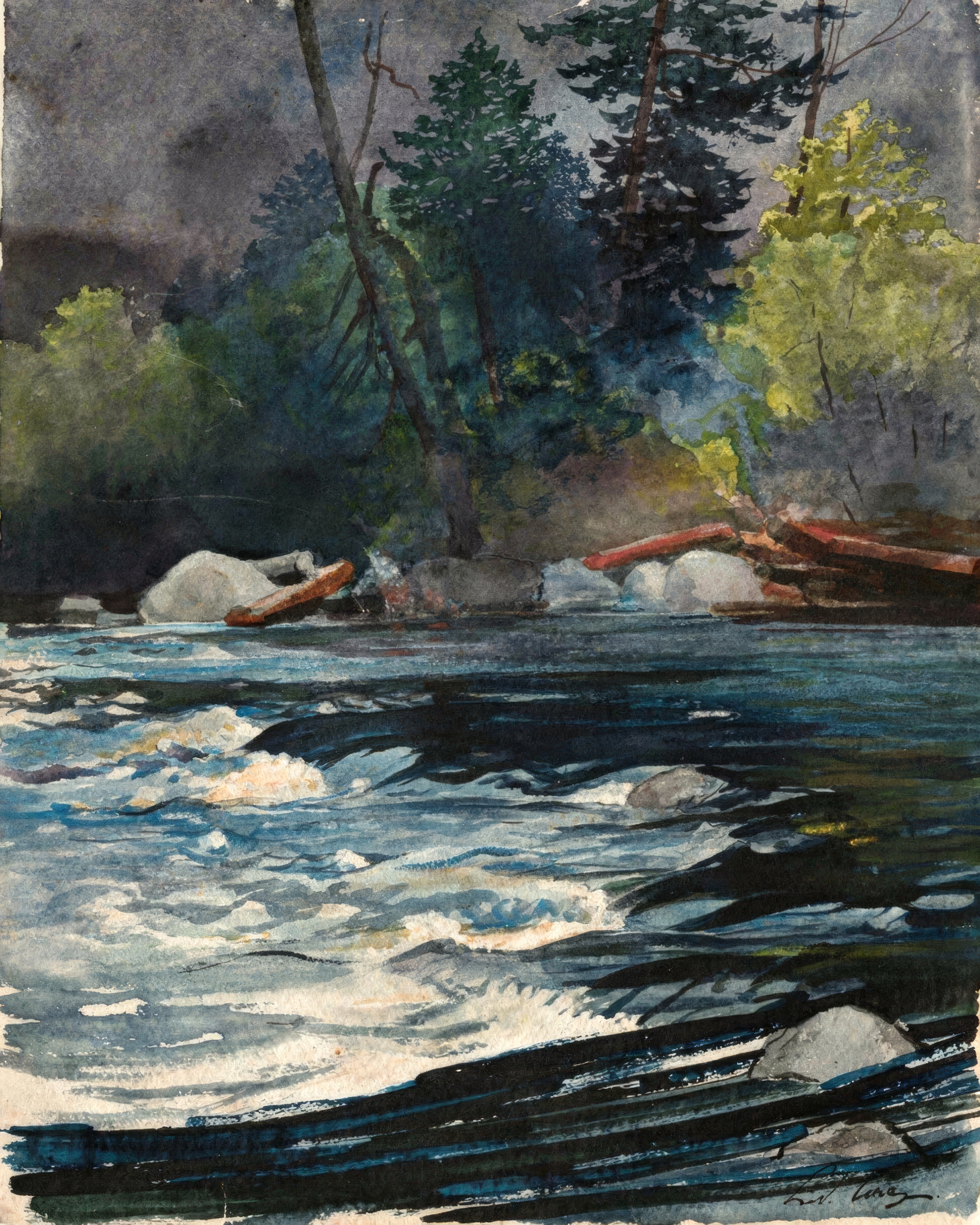 A lone man steers a canoe through rushing water on the Hudson River among dark forest.
