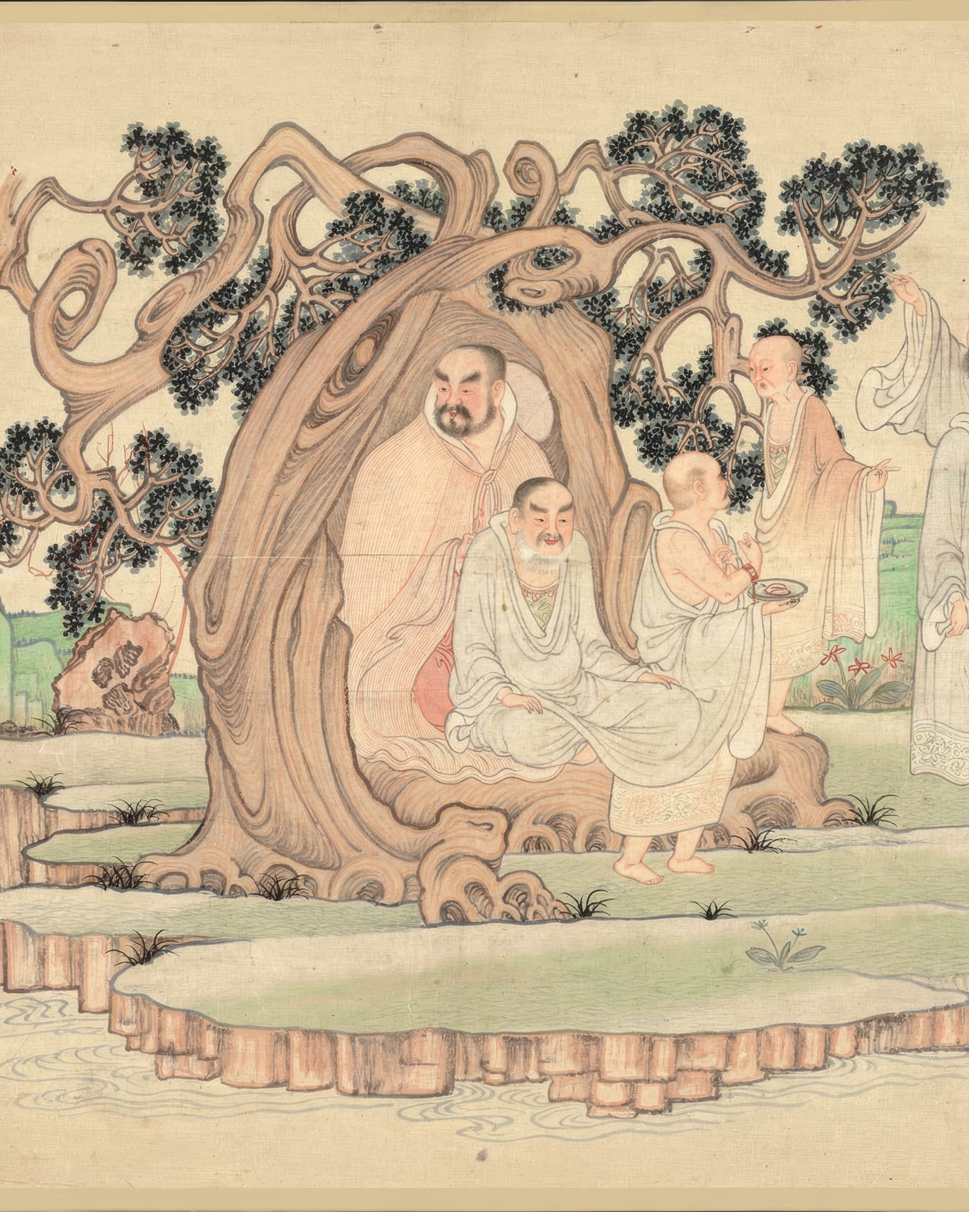 The sixteen luohans travel along a river through fantastic rocks and trees.