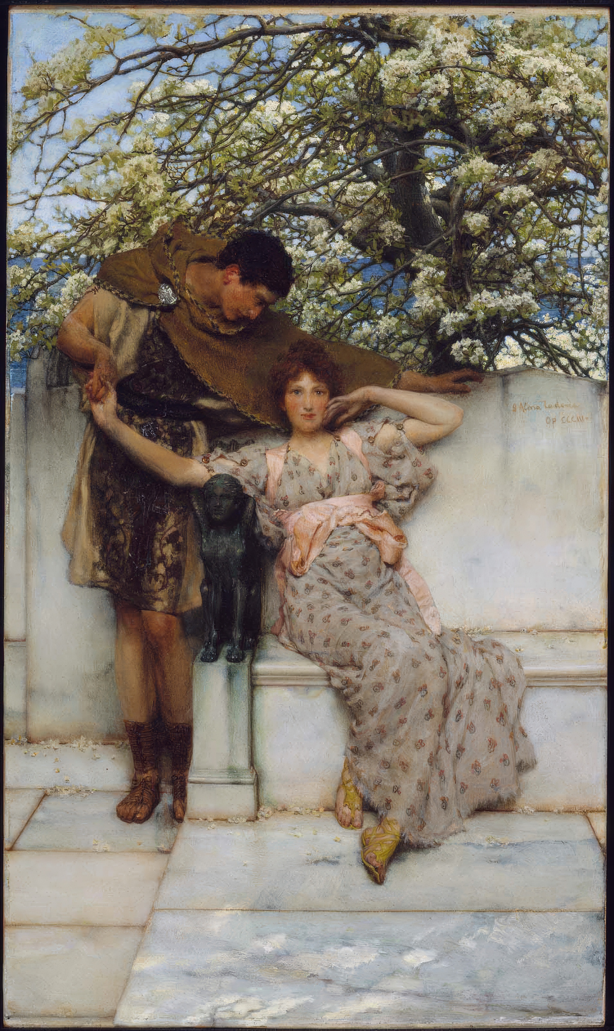 A young man in a brown tunic leaning over a white marble wall towards a young woman reclining against it in a pale flowered gown, under white blossom; painted by Lawrence Alma-Tadema.