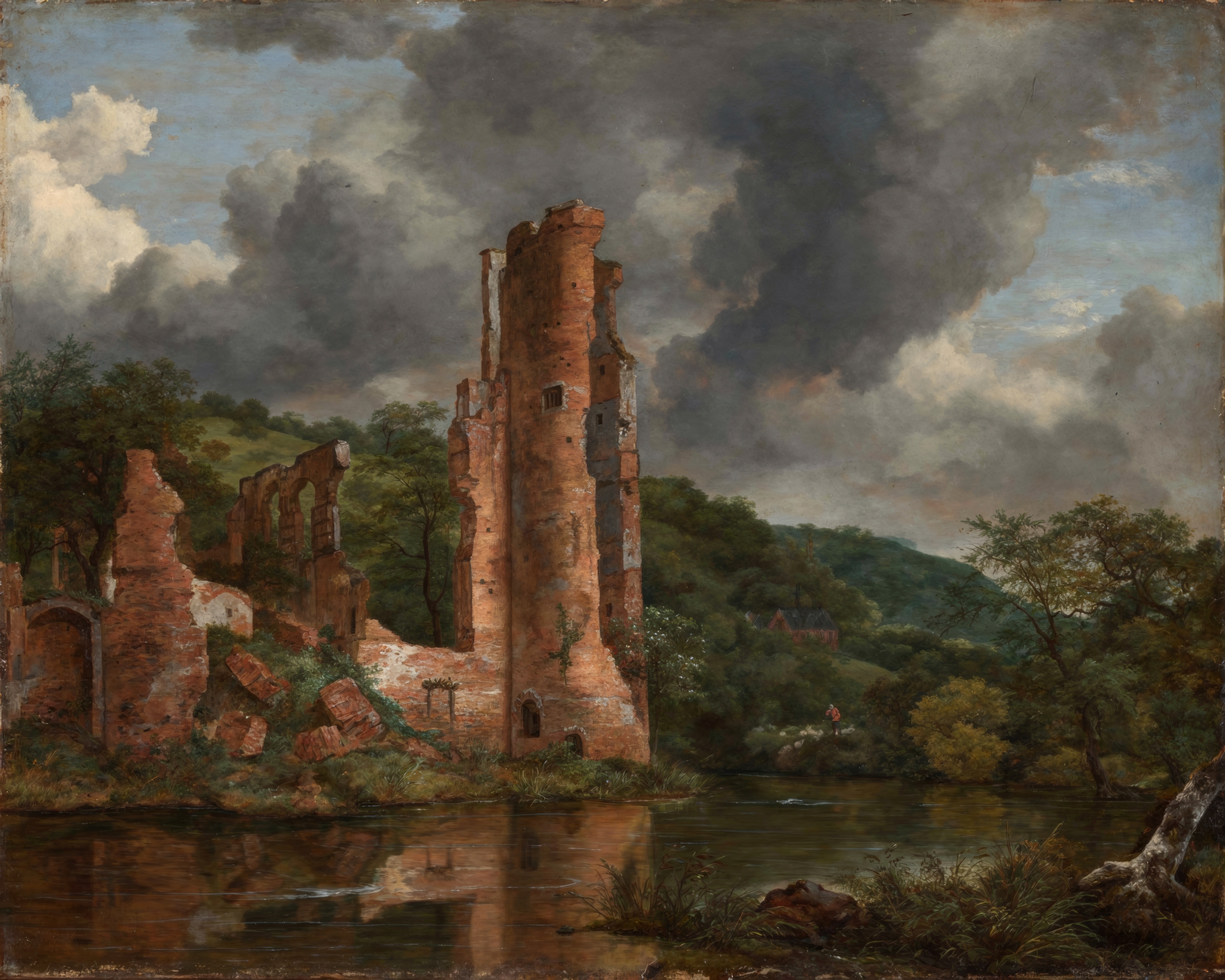A vast cloudy sky over flat Dutch fields, with a ruined castle and a church tower on the horizon.