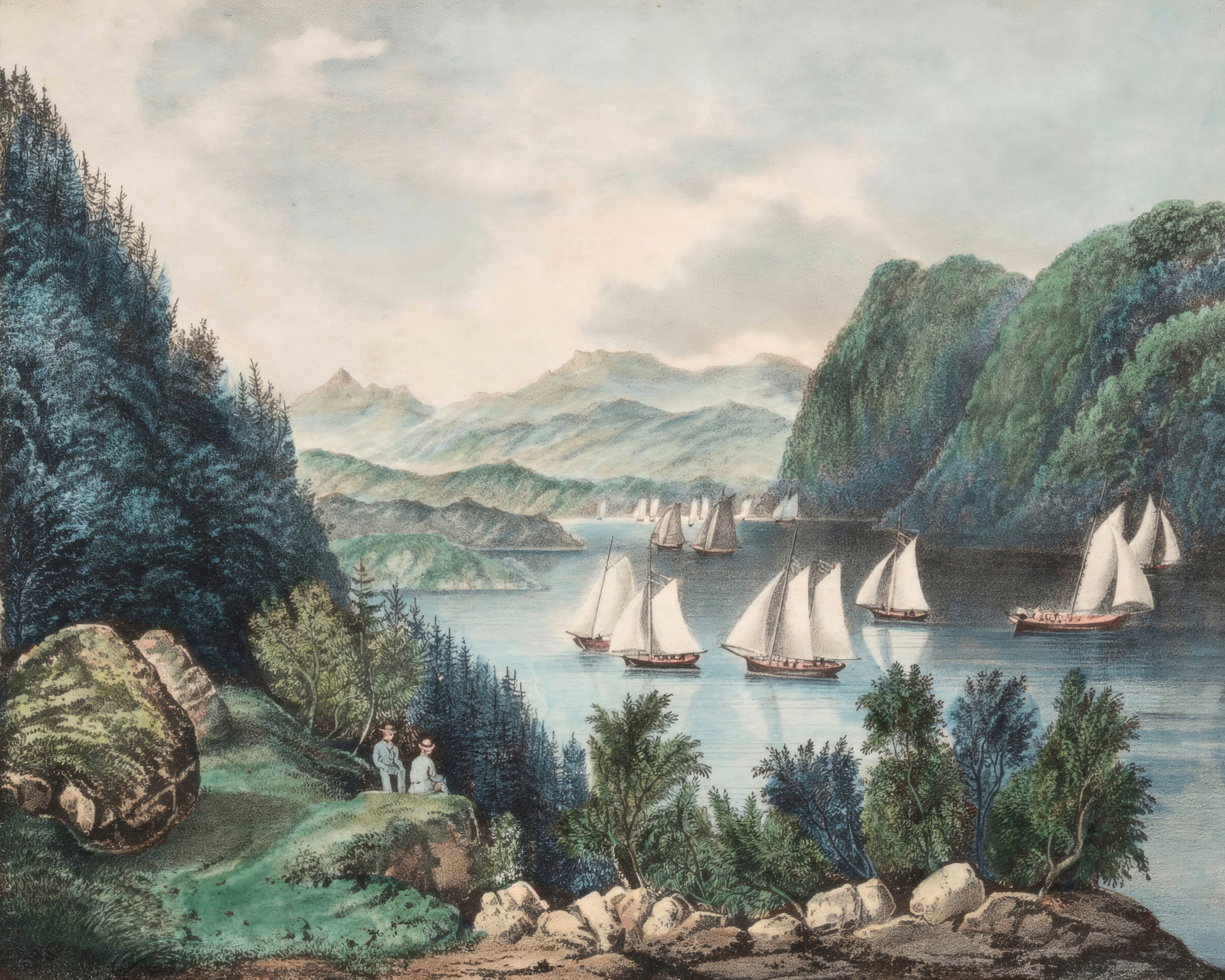 A family picnics on a grassy bank as sailboats and steamships pass on the Hudson.