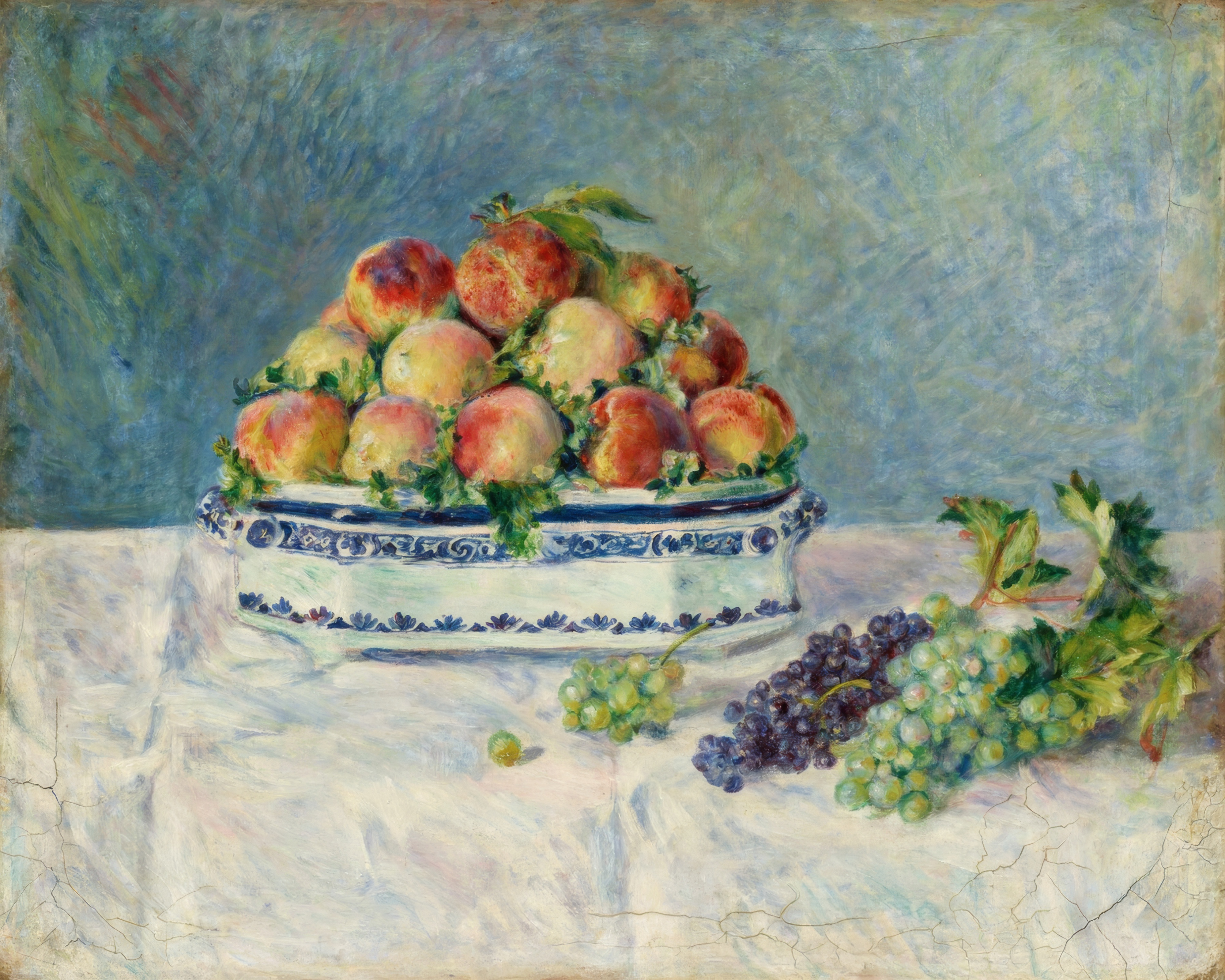 Peaches and a bunch of purple grapes on a table in soft light, painted with loose brushstrokes.