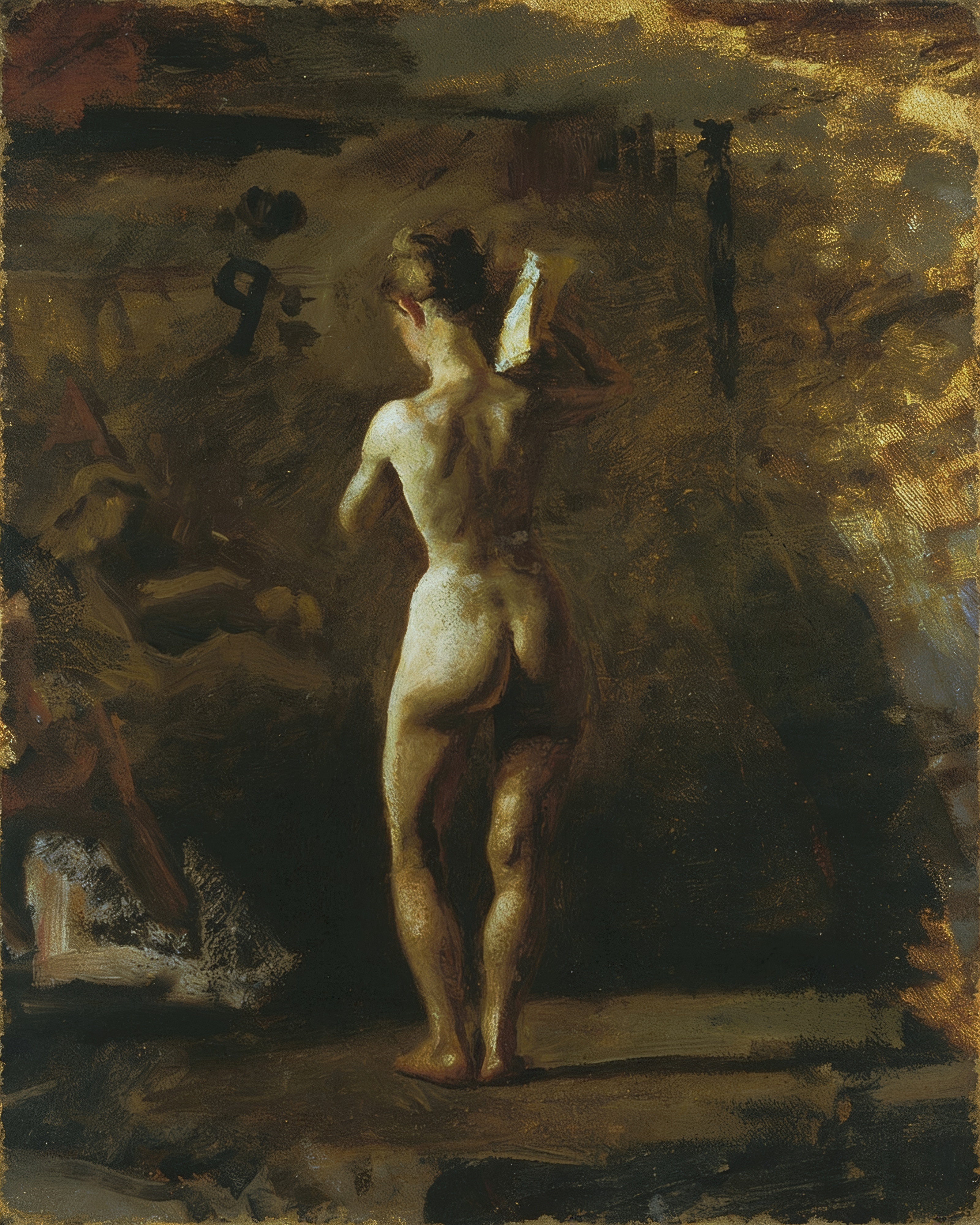 A sculptor works on a figure in a sunlit workshop while an assistant looks on.