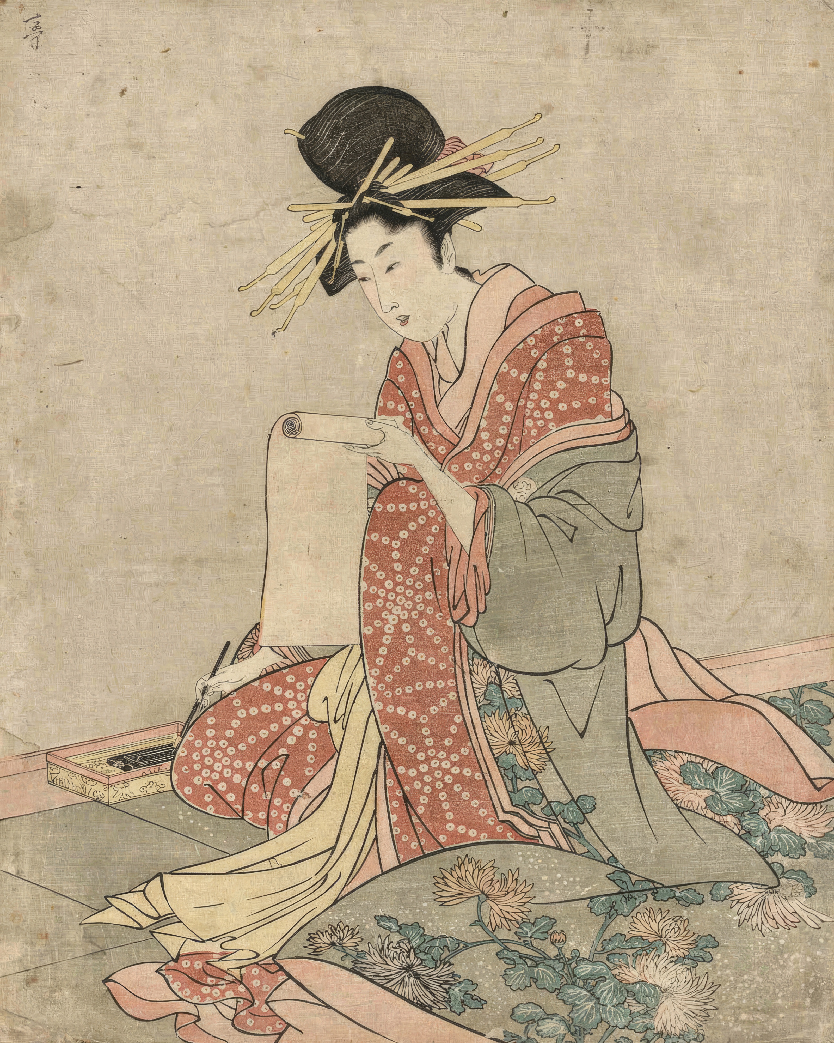 A woman kneels absorbed in a painted scroll unrolled before her.