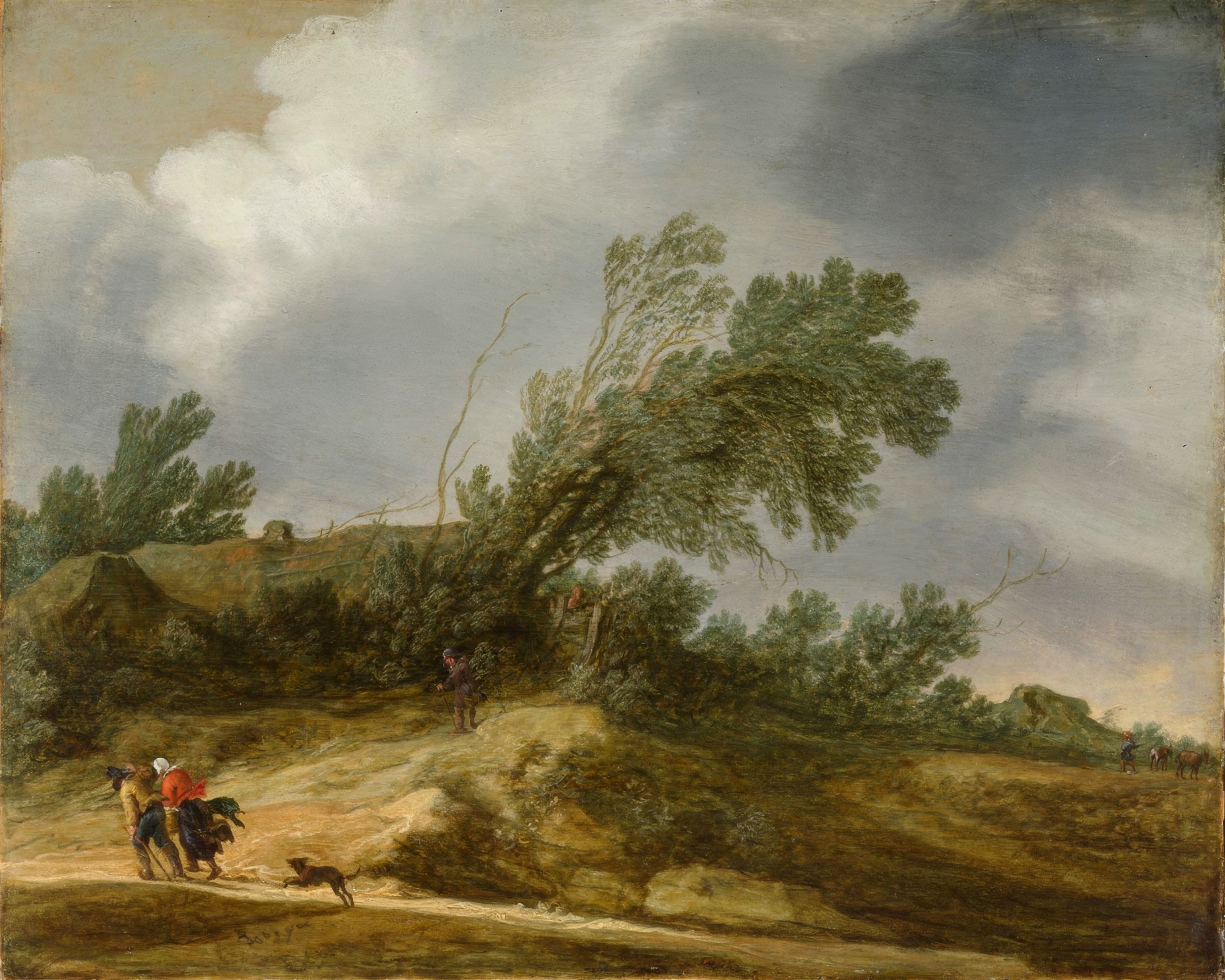 Small figures brace against the wind on sand dunes under a vast, stormy sky.