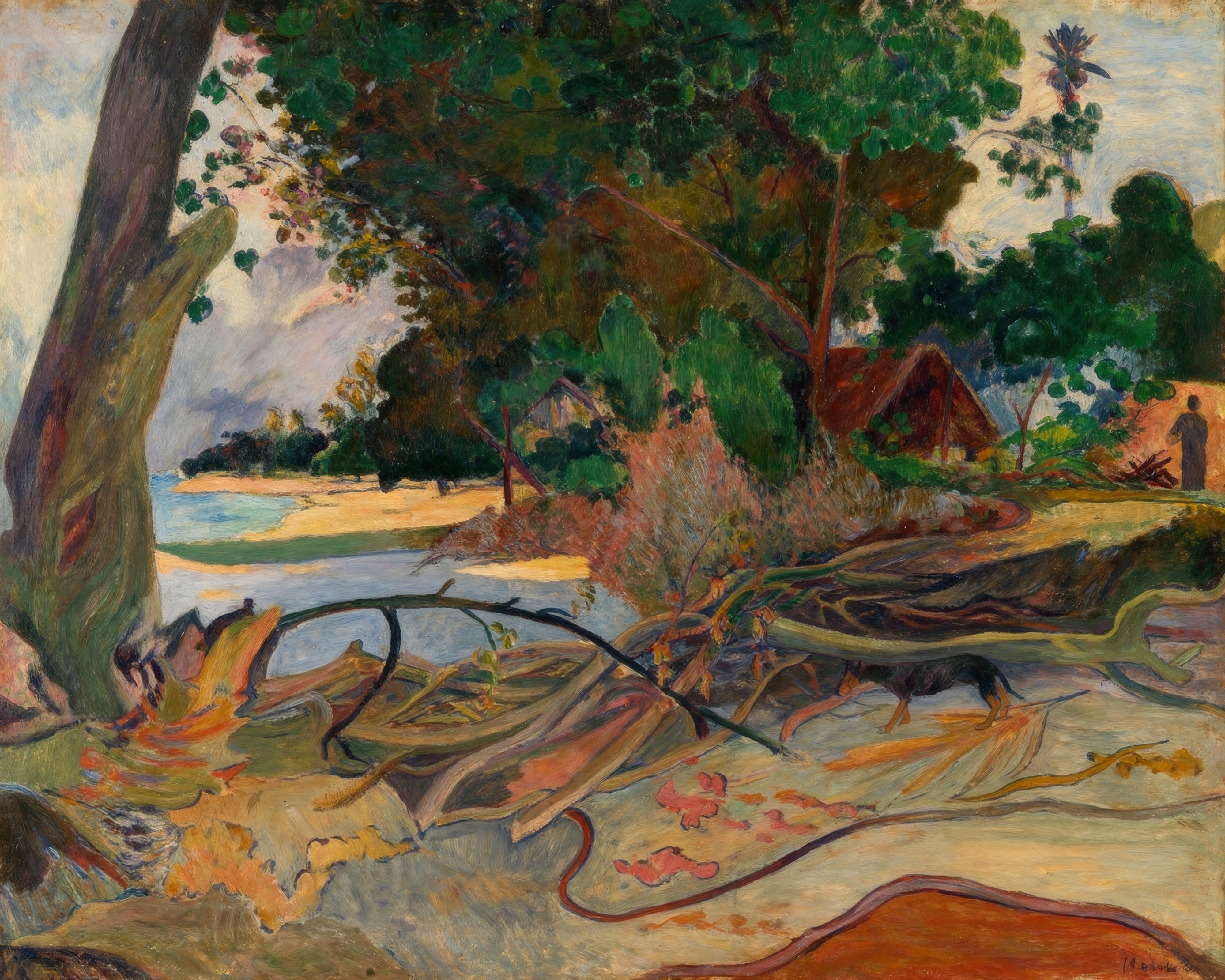 A path winds through a Tahitian landscape where figures rest under a hibiscus tree.