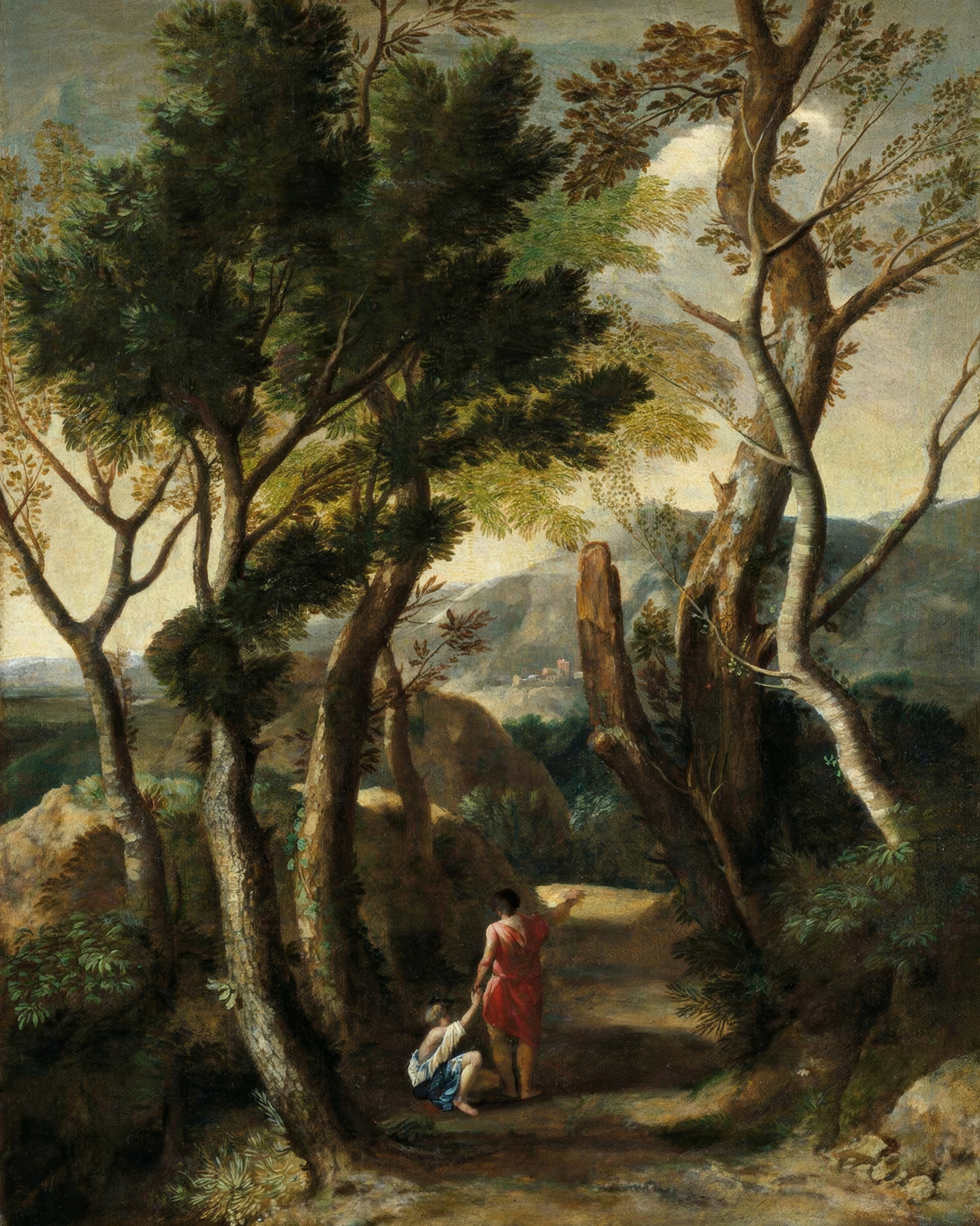 A winding path leads through an idealised Roman countryside framed by tall trees.