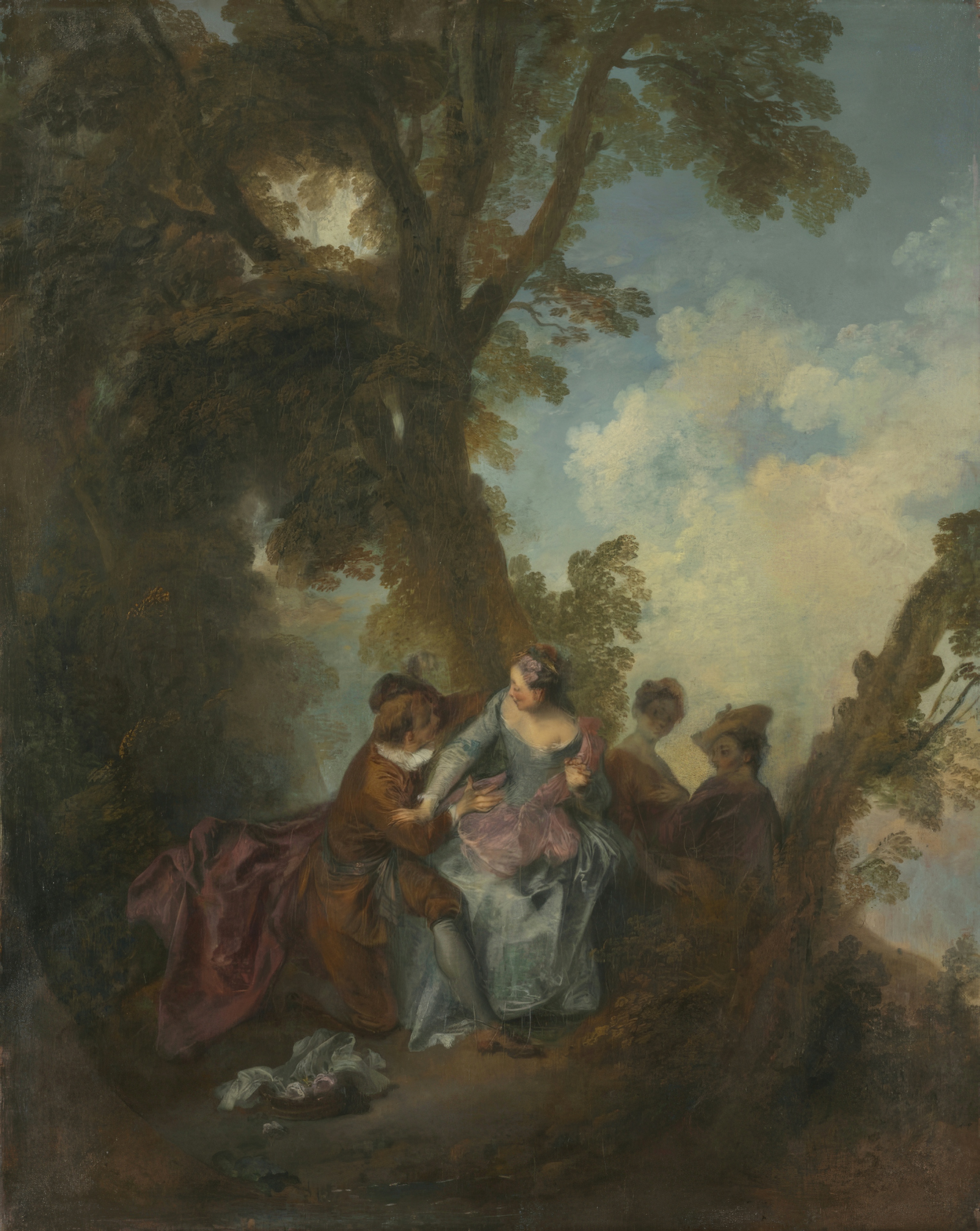 In a sunlit garden, a young man declares his love to a woman seated with her lute.