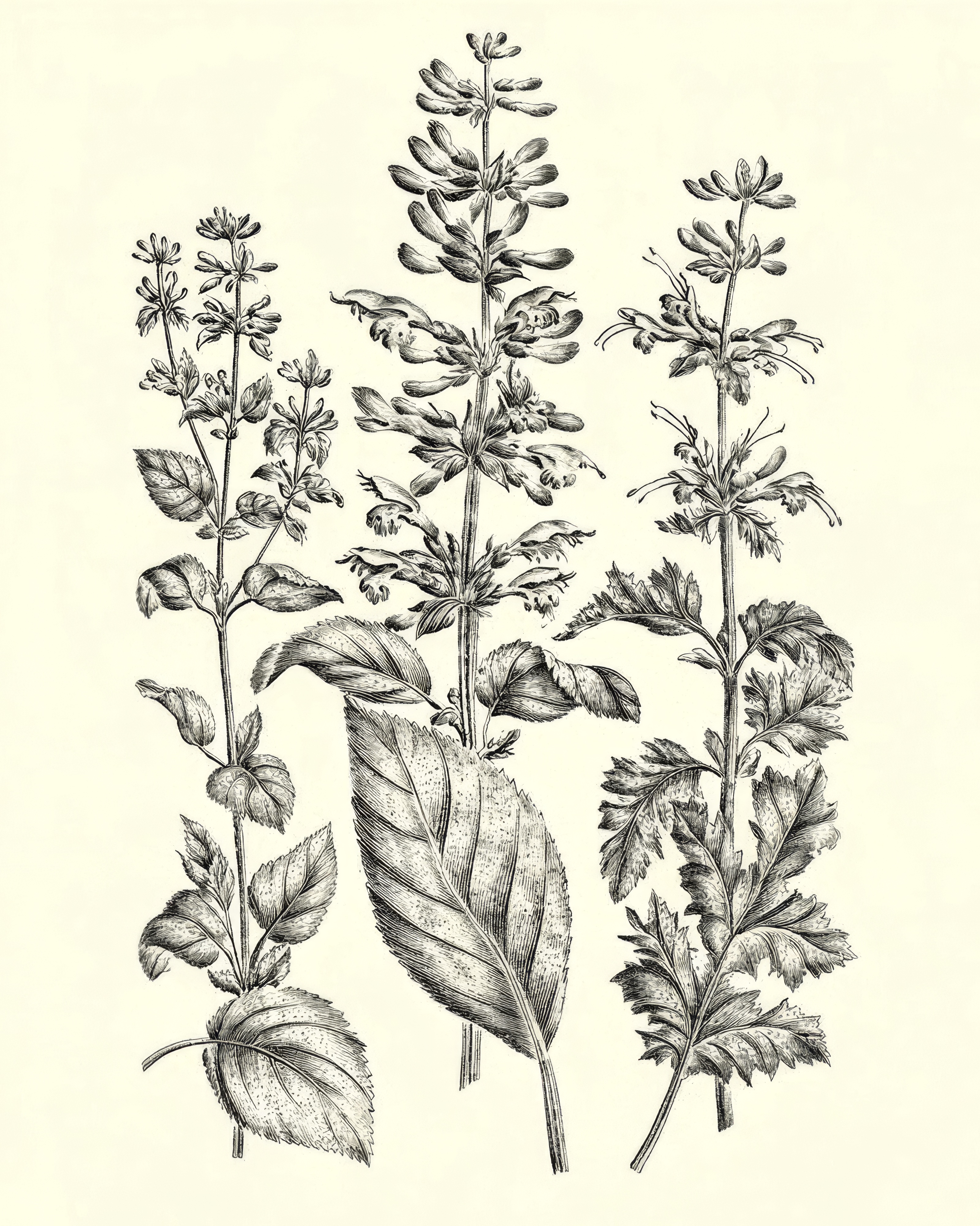 A single stalk of Mexican sage with long leaves and small flowers, drawn in fine detail on a pale ground.
