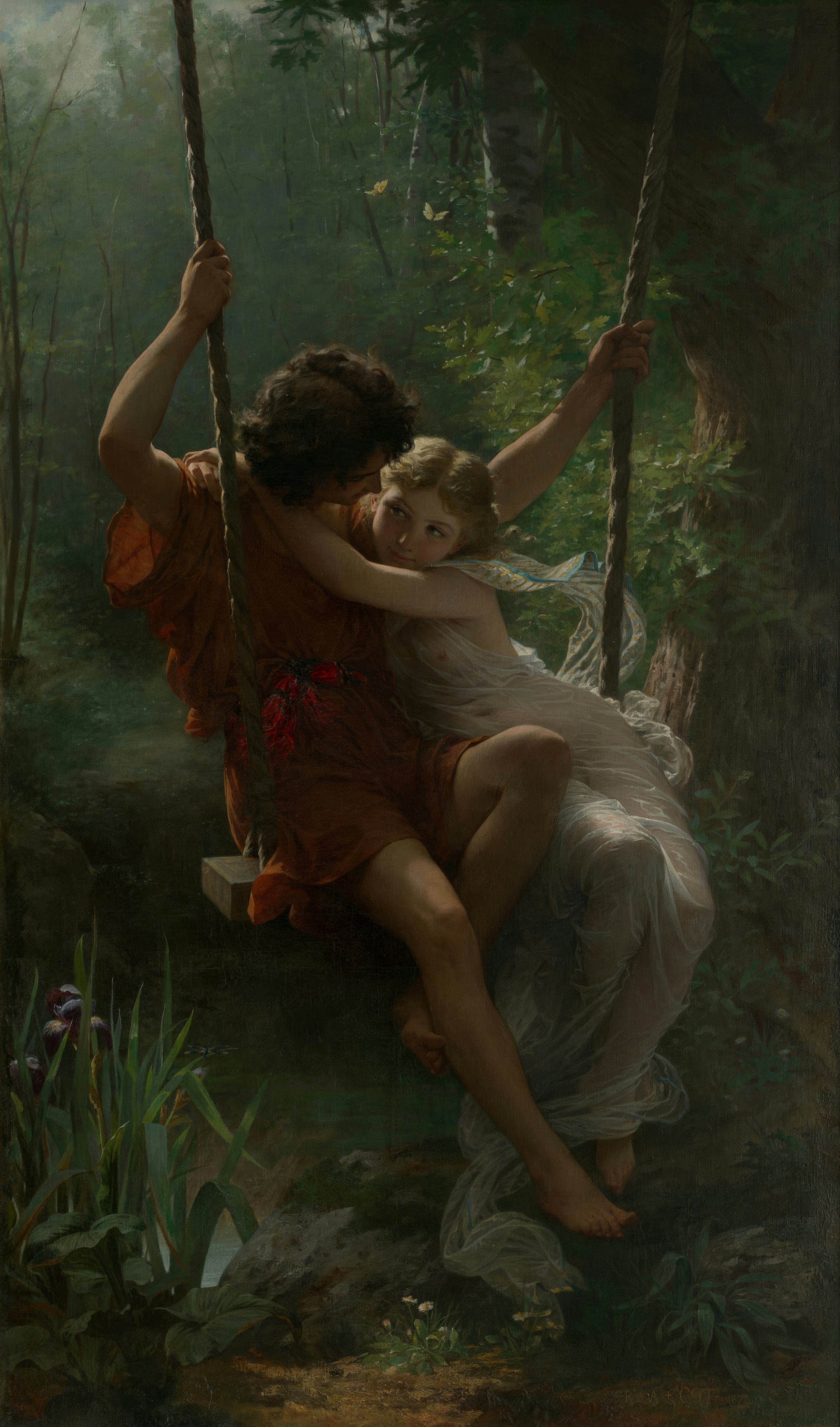 Two young lovers sit together on a swing in a sunlit forest, the girl leaning against the boy.