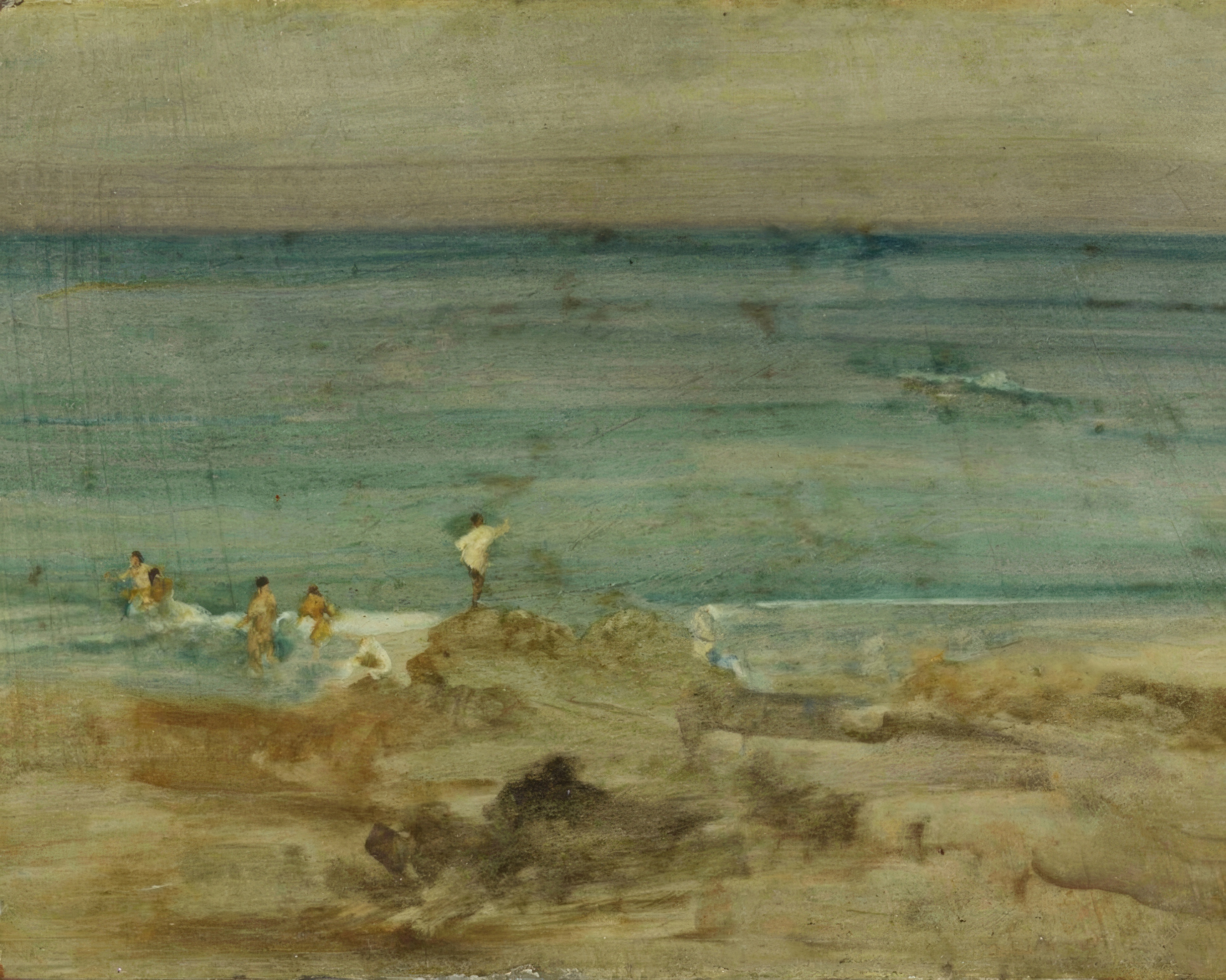 A hazy blue green sea under a pale sky, with tiny bathers on the shore suggested in a few strokes.