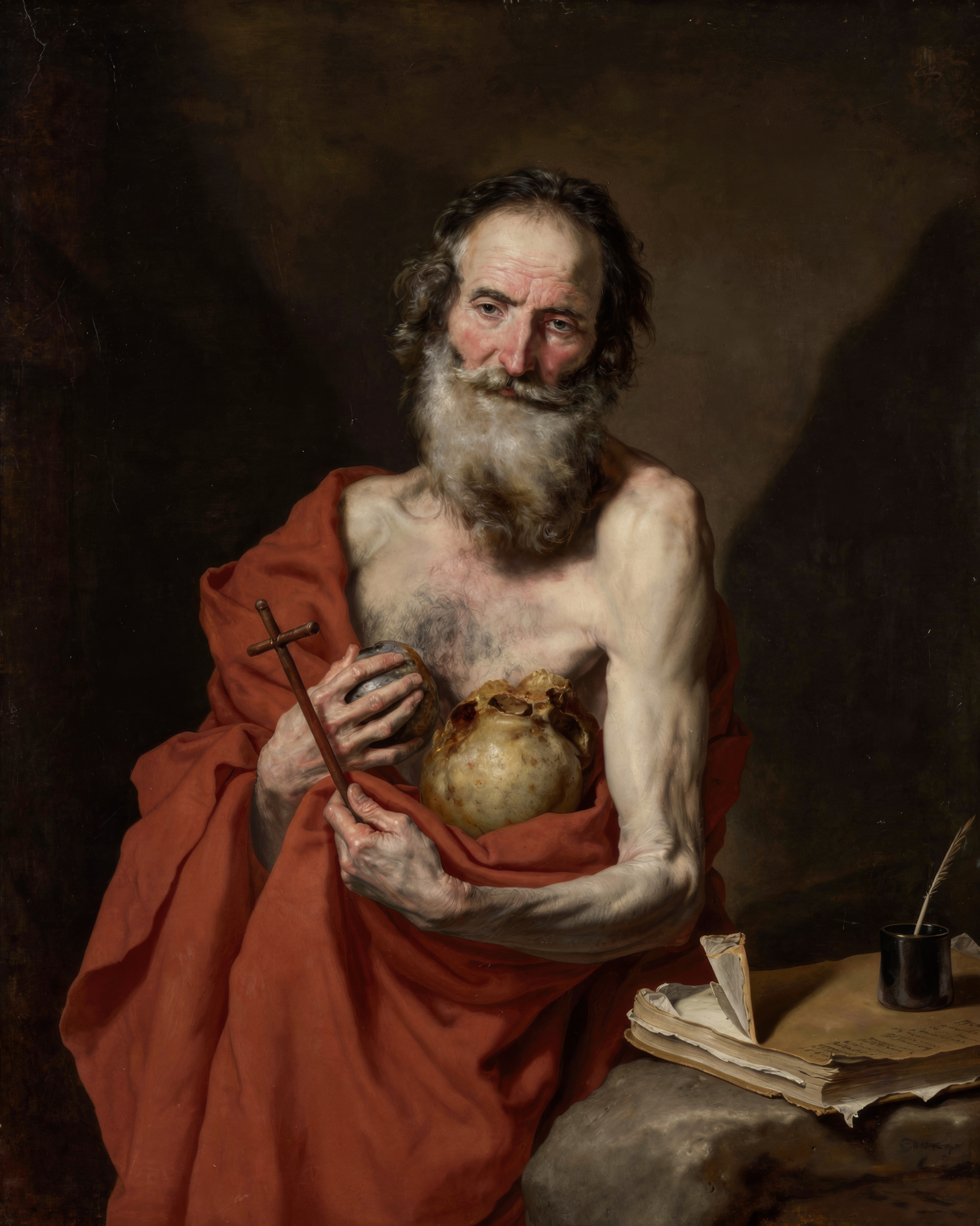 The elderly Saint Jerome, lit from one side, looks up from his books in a dark room.