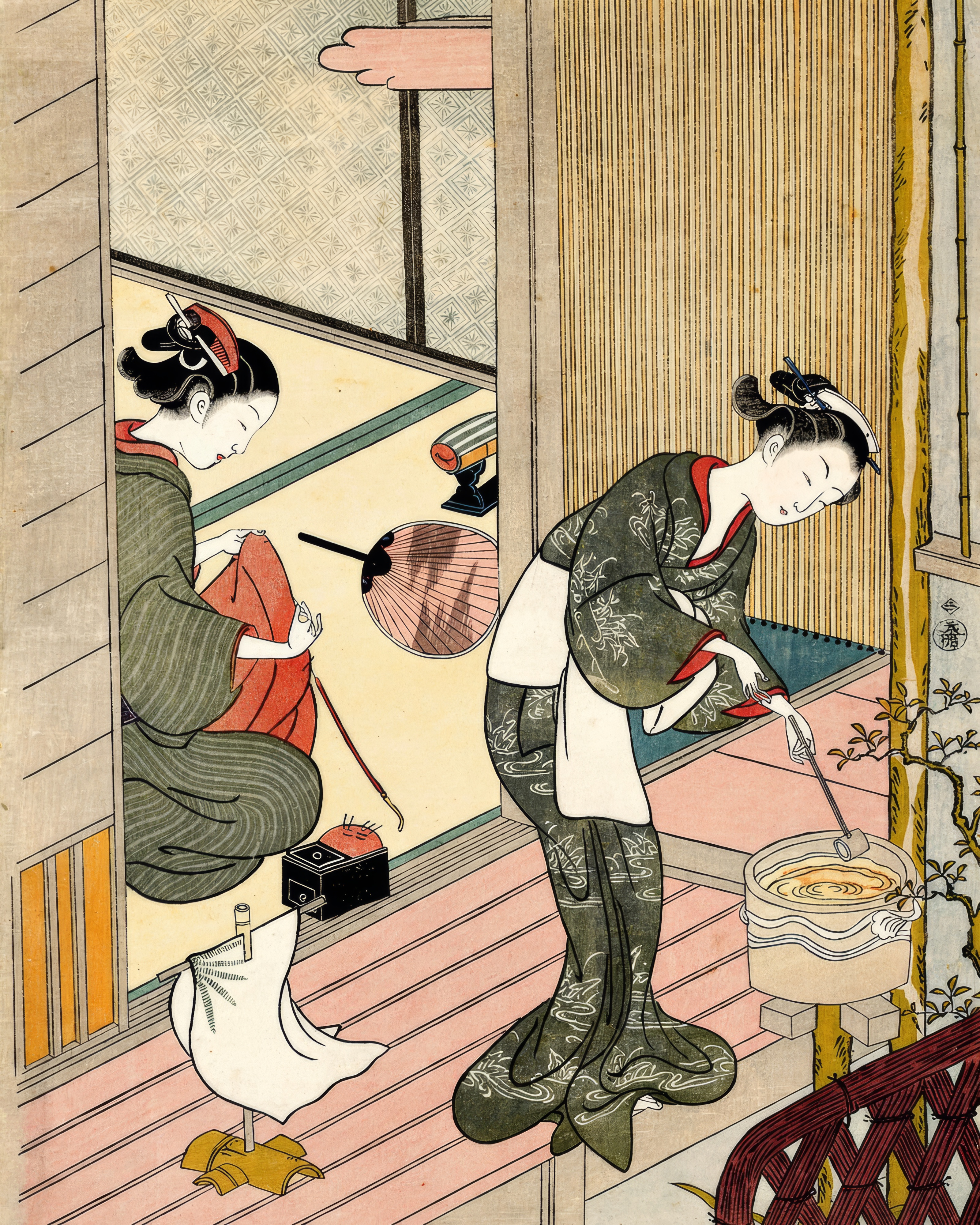 A woman in a patterned kimono looks out from a veranda beside a towel rack.
