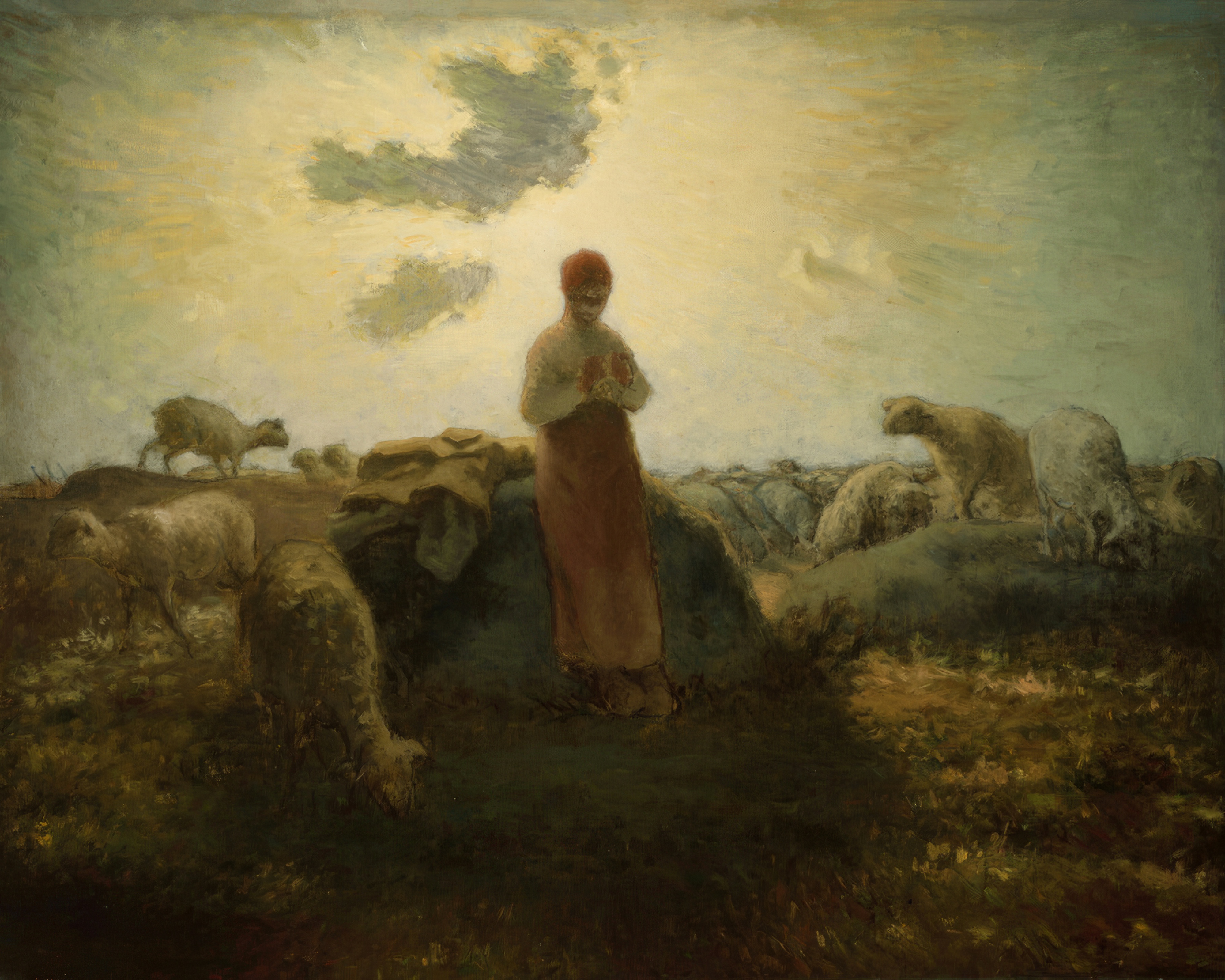 A shepherdess knits as her sheep graze across a wide, golden field under a hazy sky.