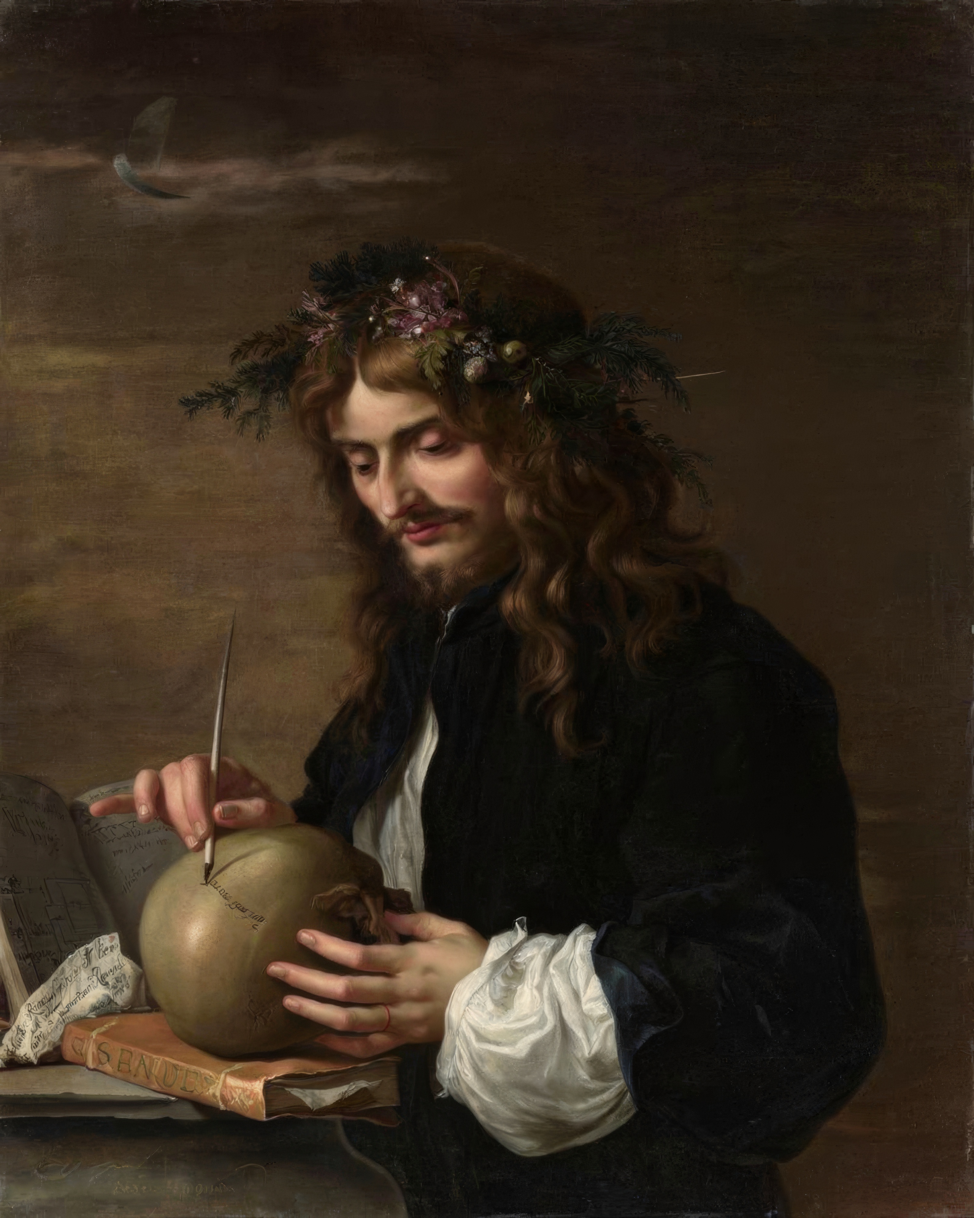 Salvator Rosa looks out sternly from deep shadow, wearing a dark cap and cloak.