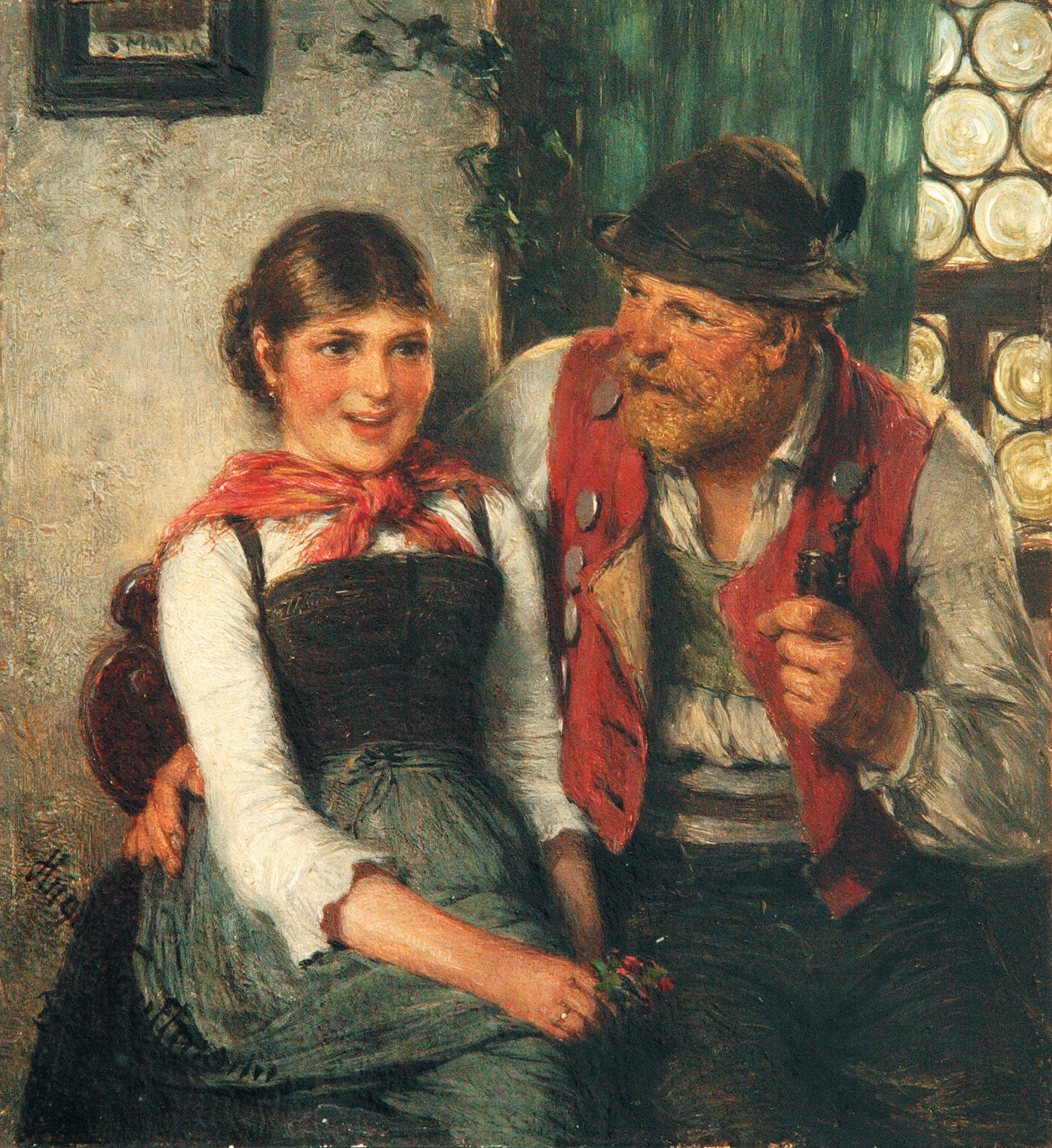 A smiling young woman in a red kerchief and black bodice sitting beside a bearded man in a red waistcoat and green hat who holds a pipe, in a farmhouse room; painted by Hugo Kauffmann.