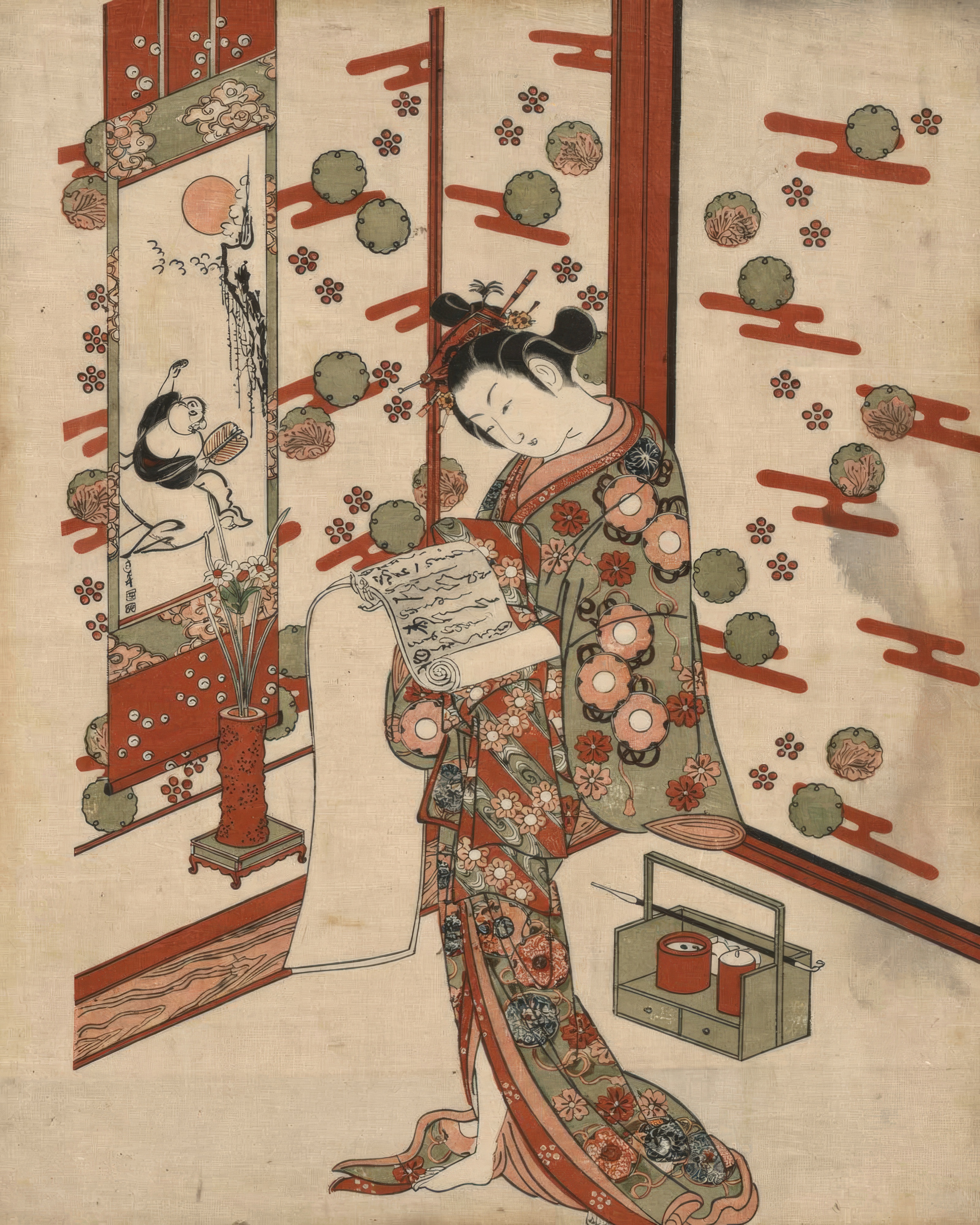 A young woman reads a long letter scroll, absorbed.