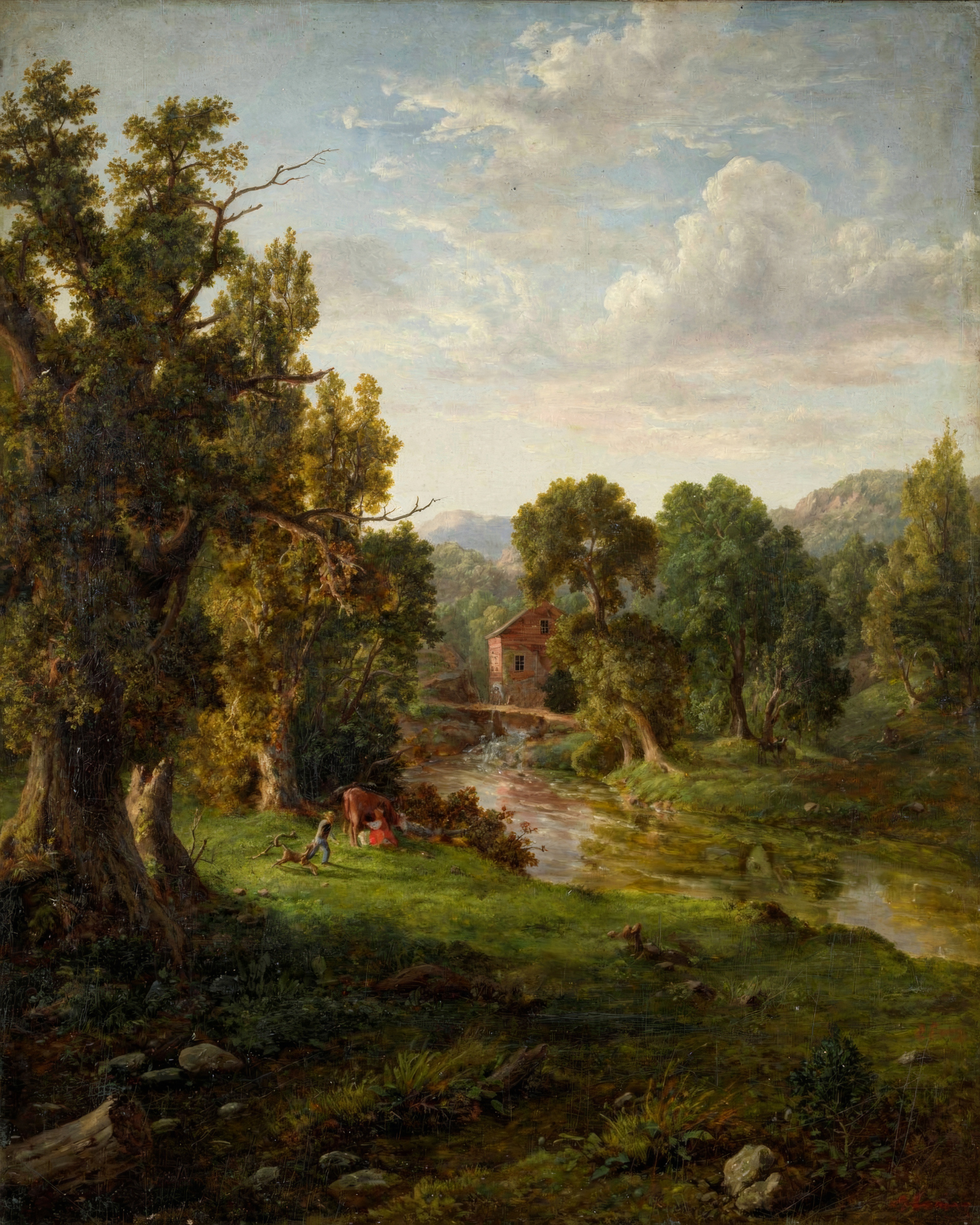 A rustic watermill by a stream in a green landscape, bathed in late afternoon light.