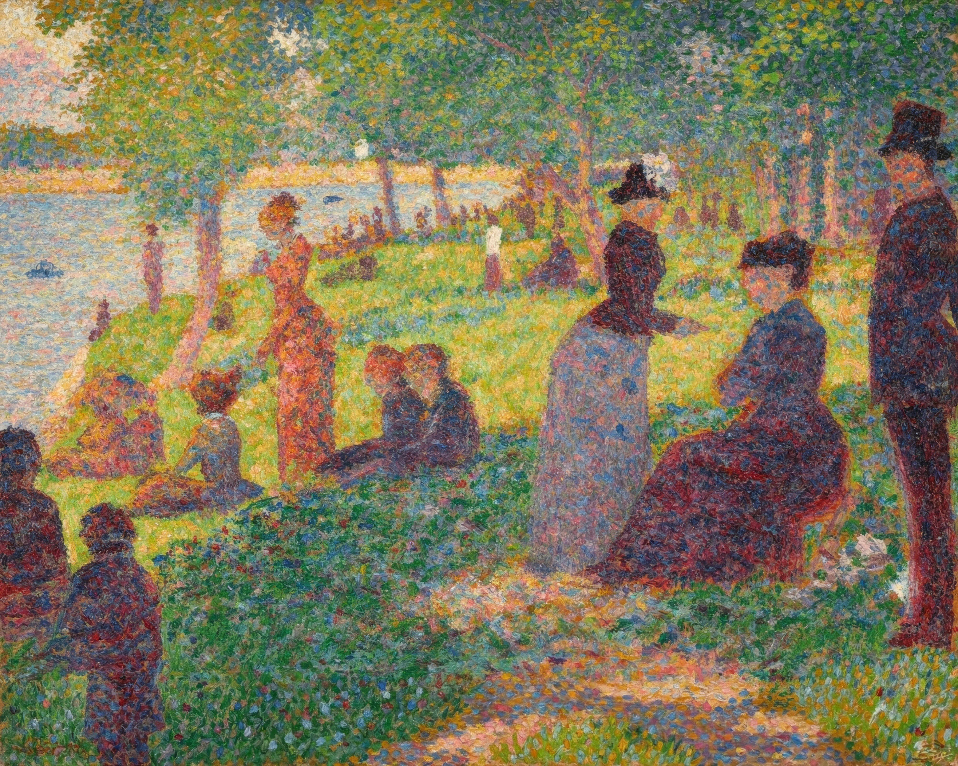 Small figures rest and stroll in the shade of trees on a grassy riverbank beside the Seine.