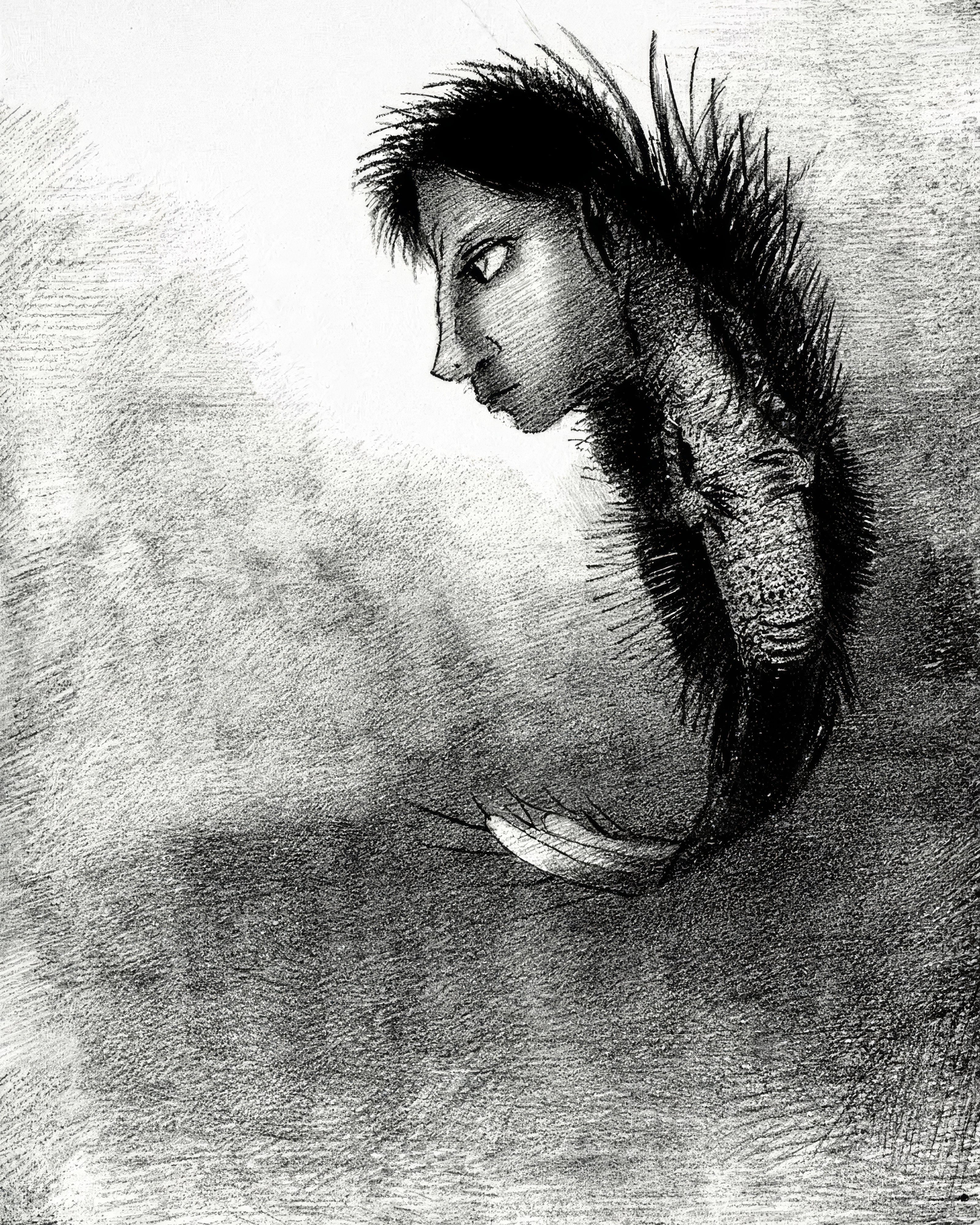 A lithograph of a strange creature with a human head on a fish-like body, emerging from darkness.