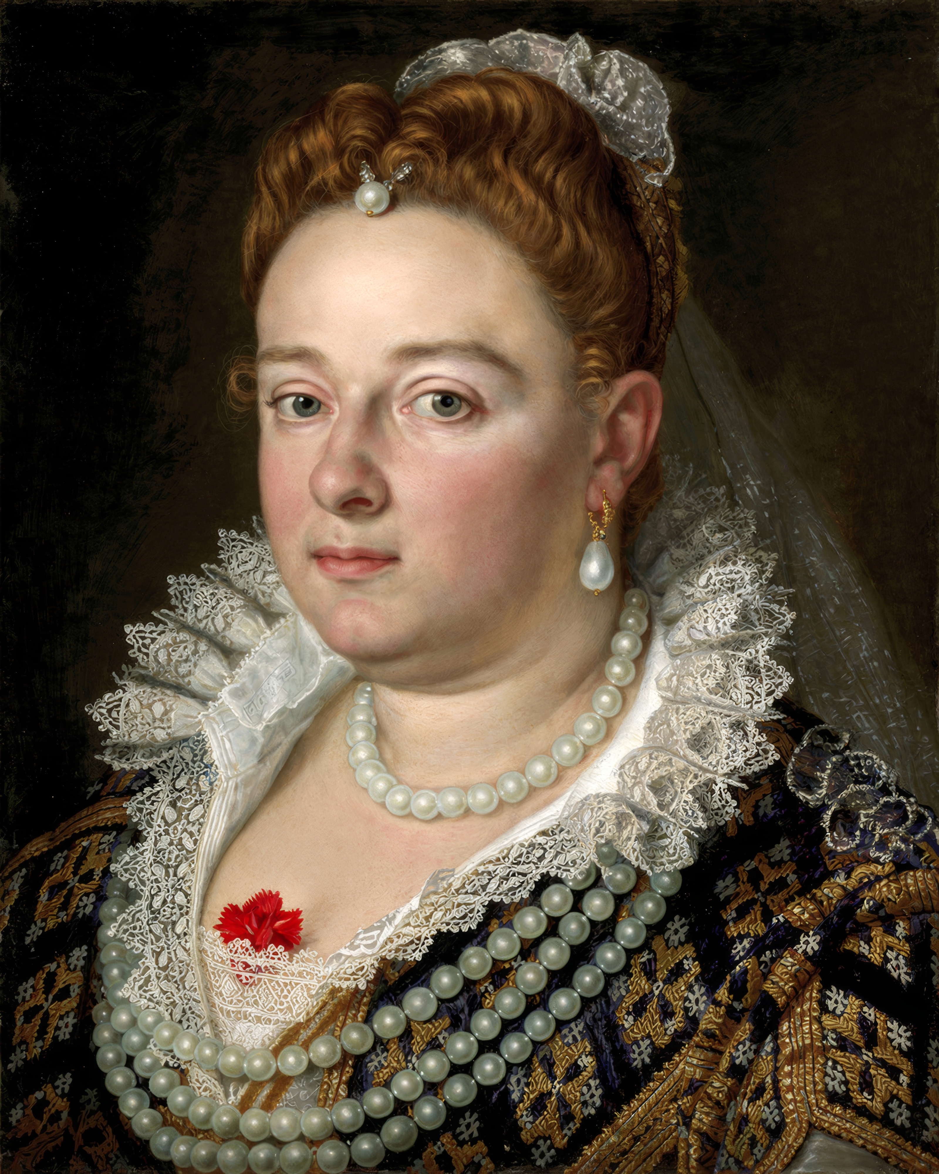 Bianca Capello in a high white lace ruff and pearls, looking at the viewer against a dark background.