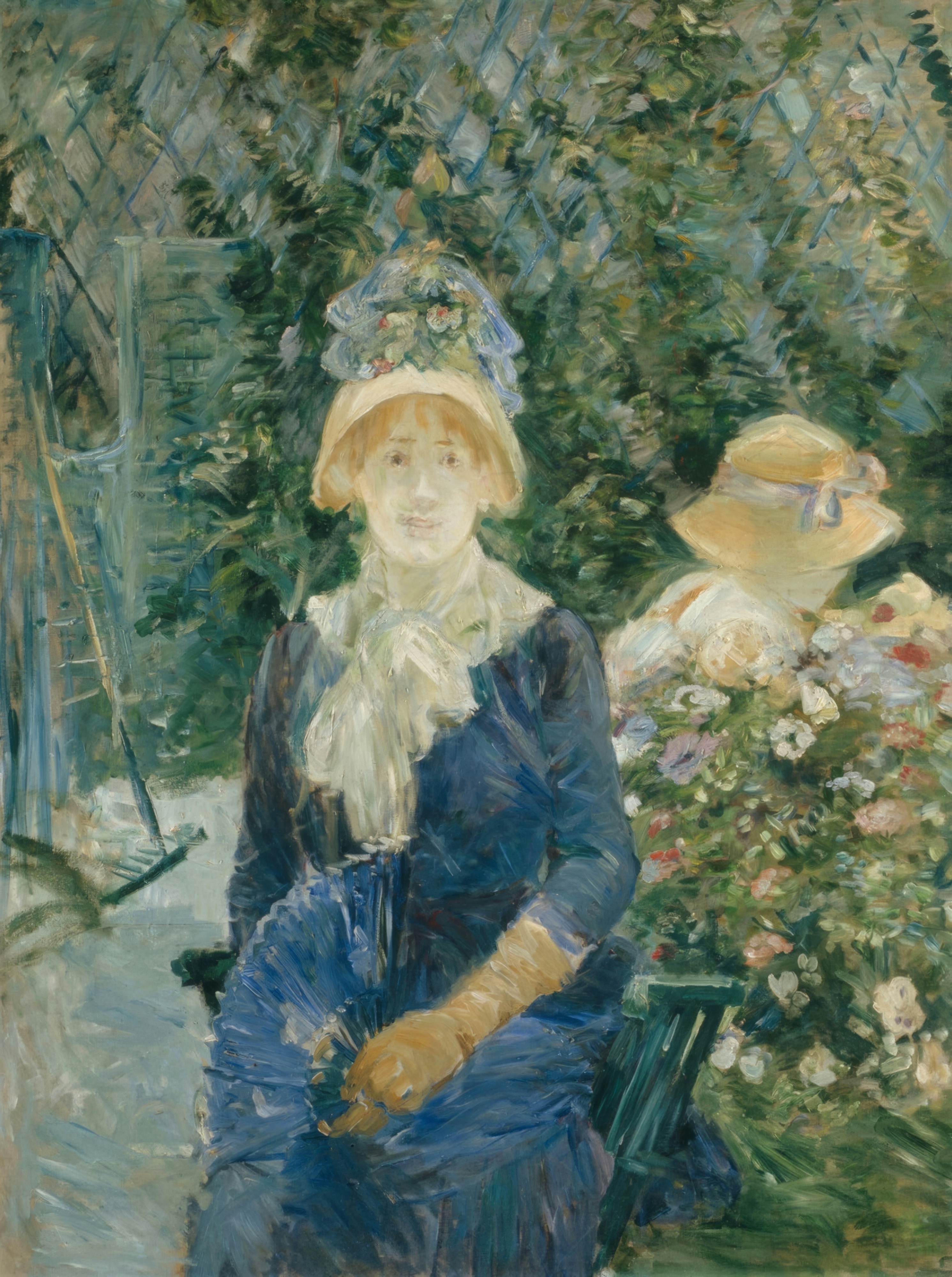 A woman sits in a lush, overflowing garden, painted in soft broken strokes of green and blue.