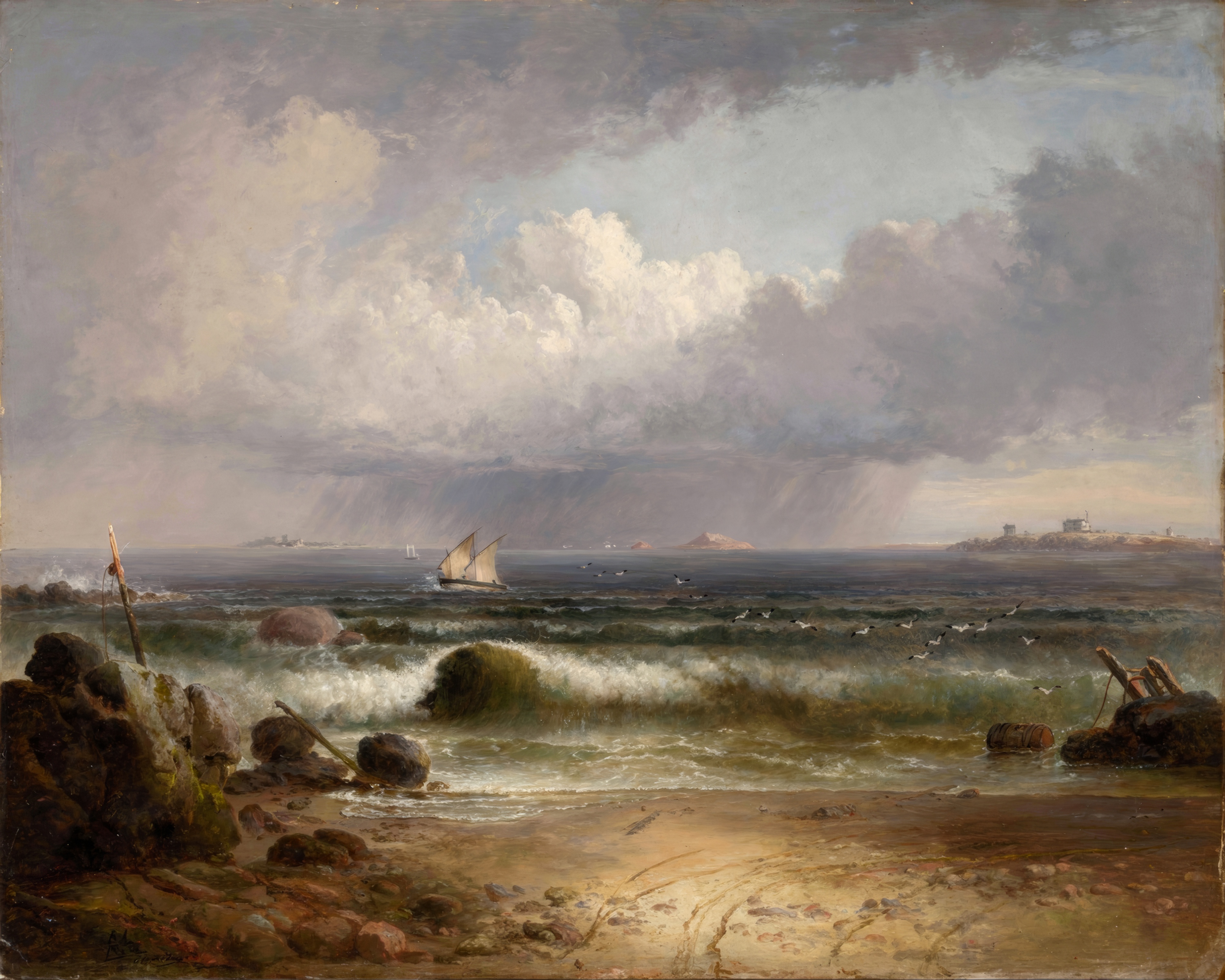 Figures on a beach watch a summer storm gather over a calm sea under dark clouds.