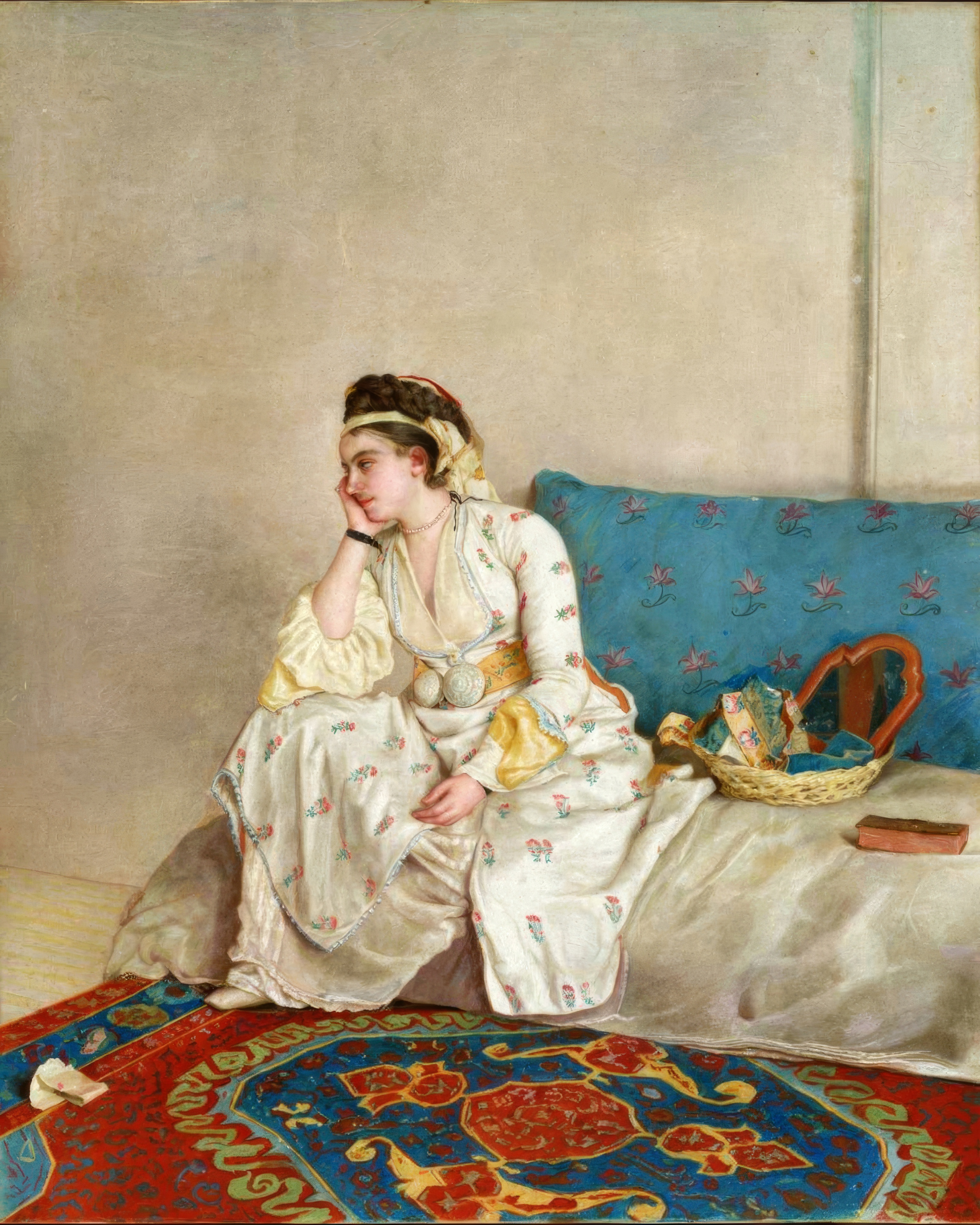 A woman in Turkish dress with a blue and red costume sits on a sofa, drawn in pastel.
