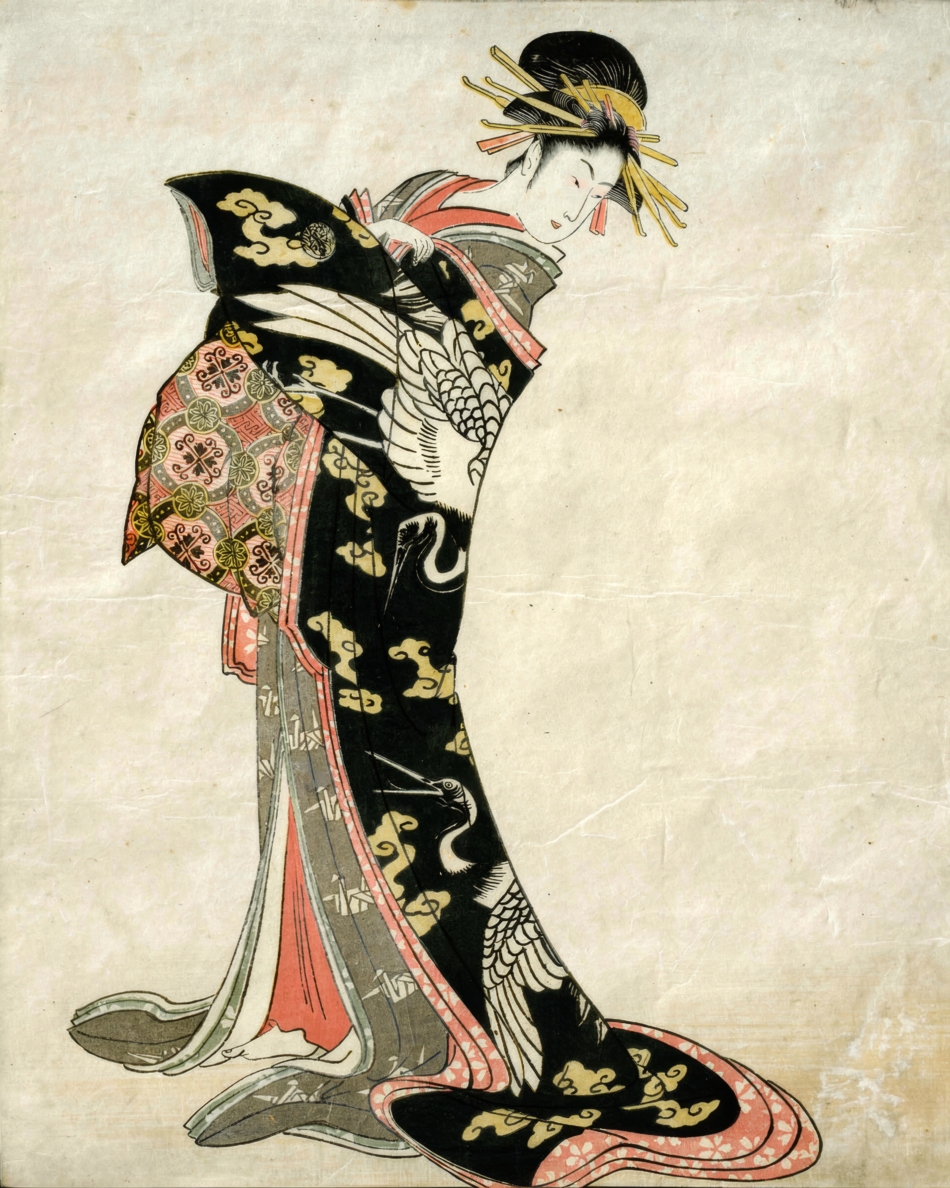 A woman’s head and shoulders in profile, her black hair dressed with combs and pins, against a pale ground.