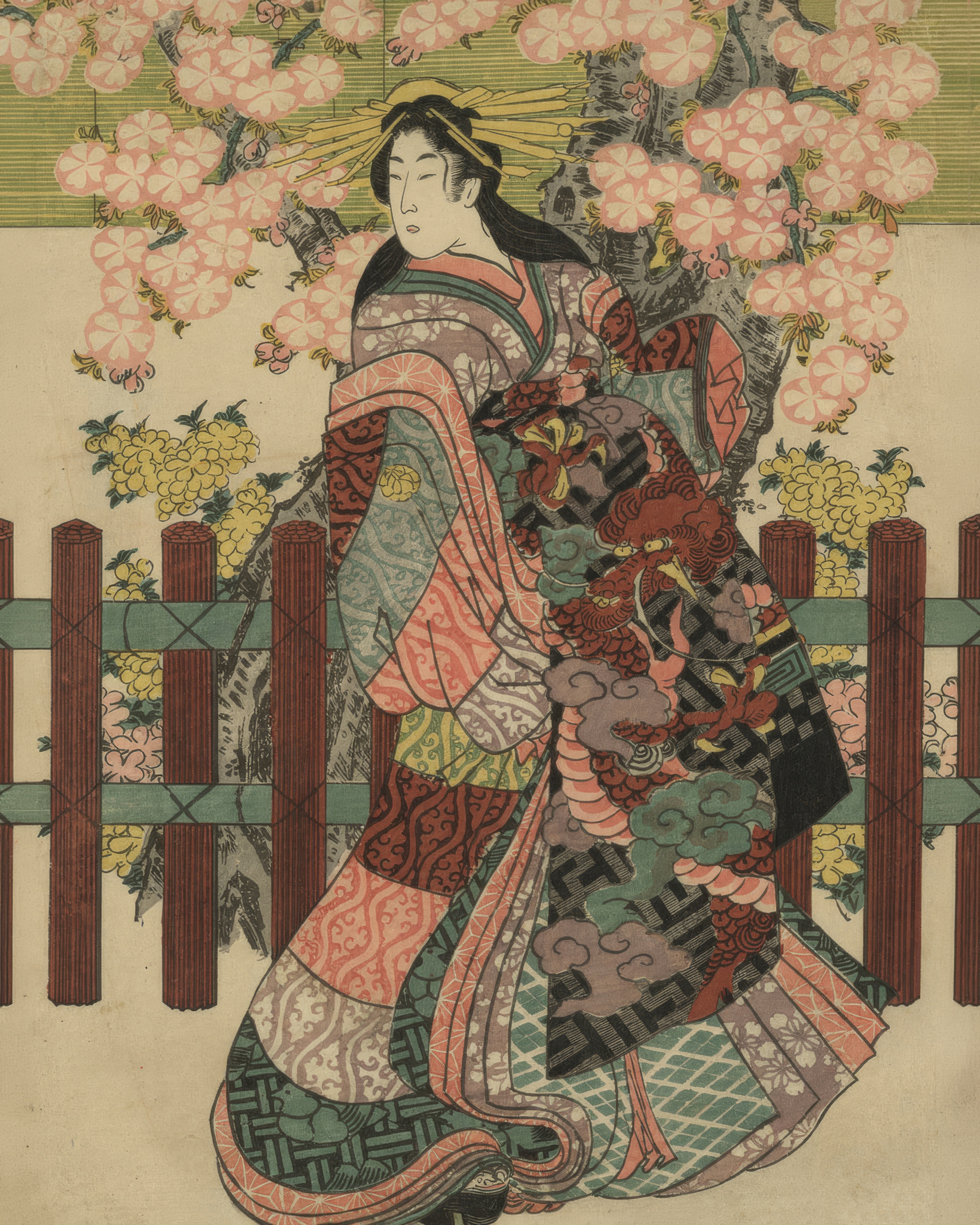 The courtesan Chōzan in rose and plum robes behind a bamboo blind.