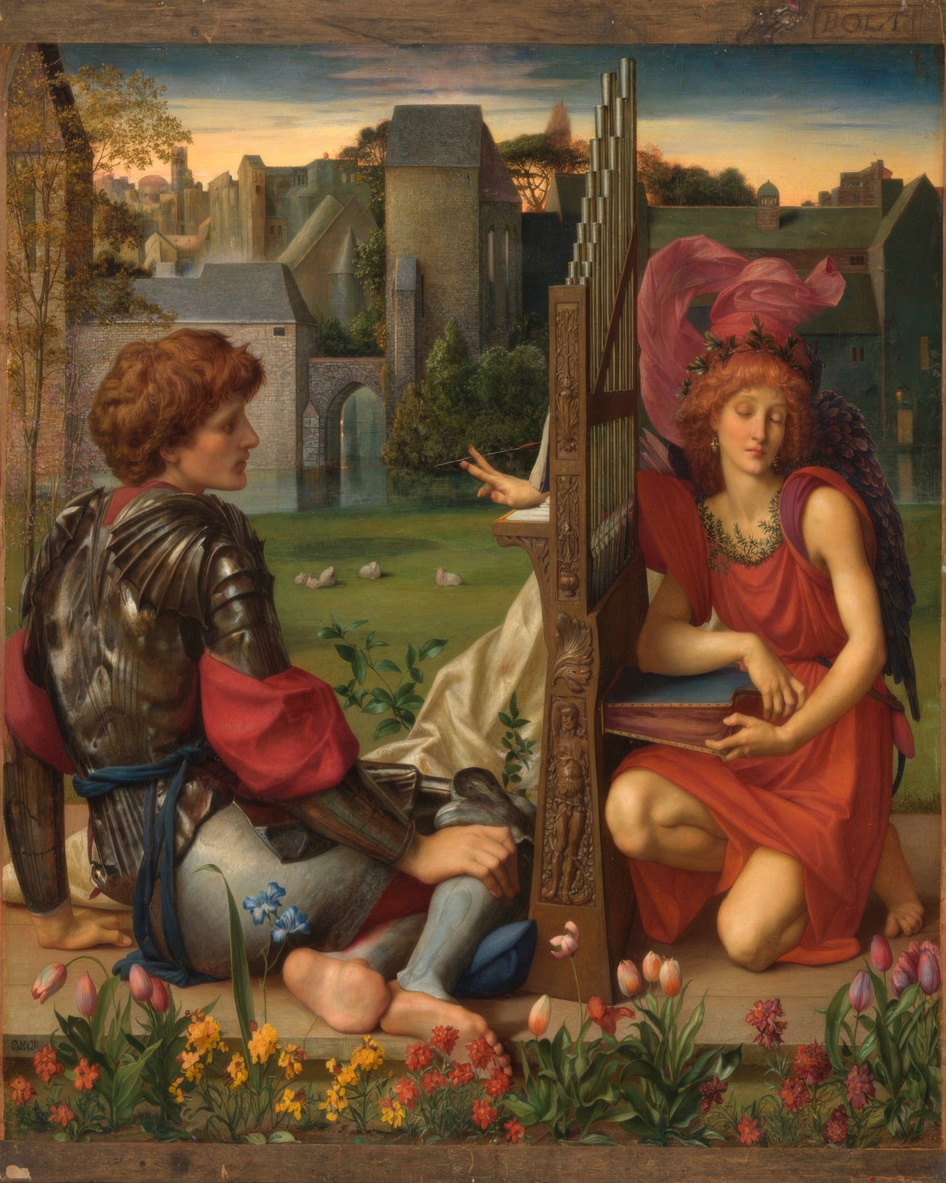 In a walled garden a woman plays a small organ while an angelic figure works the bellows and a knight listens.