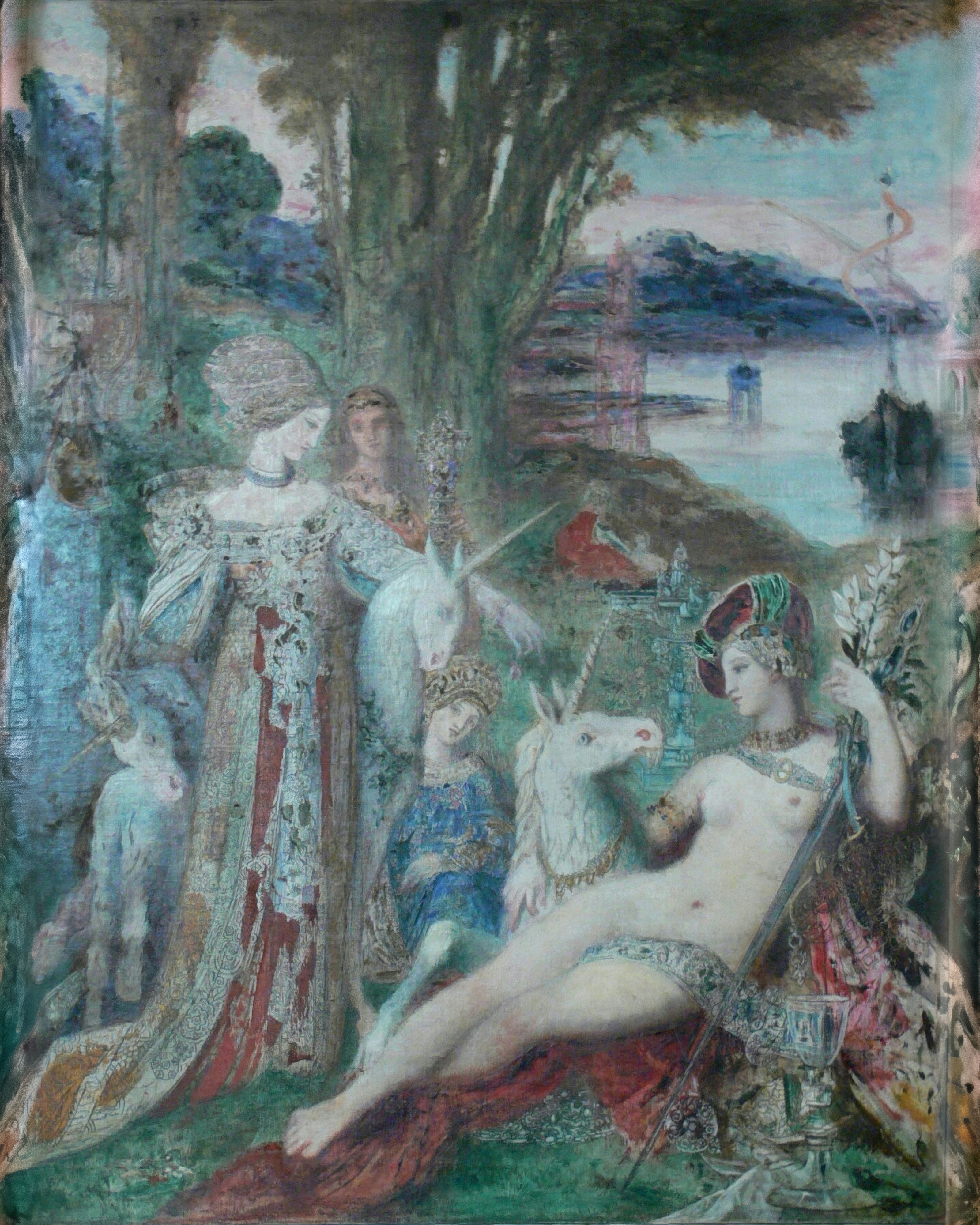 Women in jewelled robes sit and stand with white unicorns in a dreamlike forest.