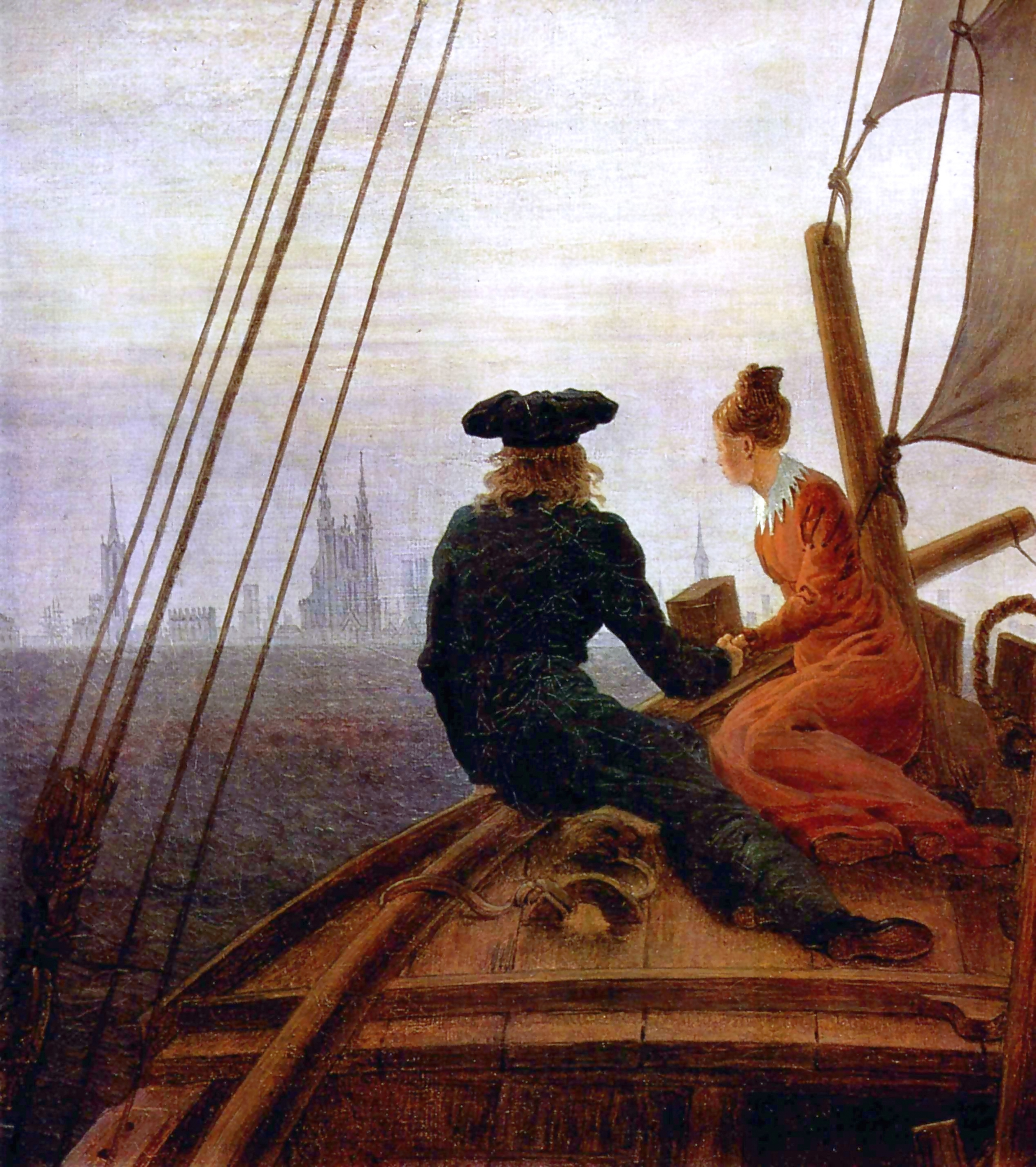 A man in a dark coat and a woman in a red dress seen from behind, sitting hand in hand at the prow of a sailing boat, a distant city of spires ahead across pale water; painted by Caspar David Friedrich.
