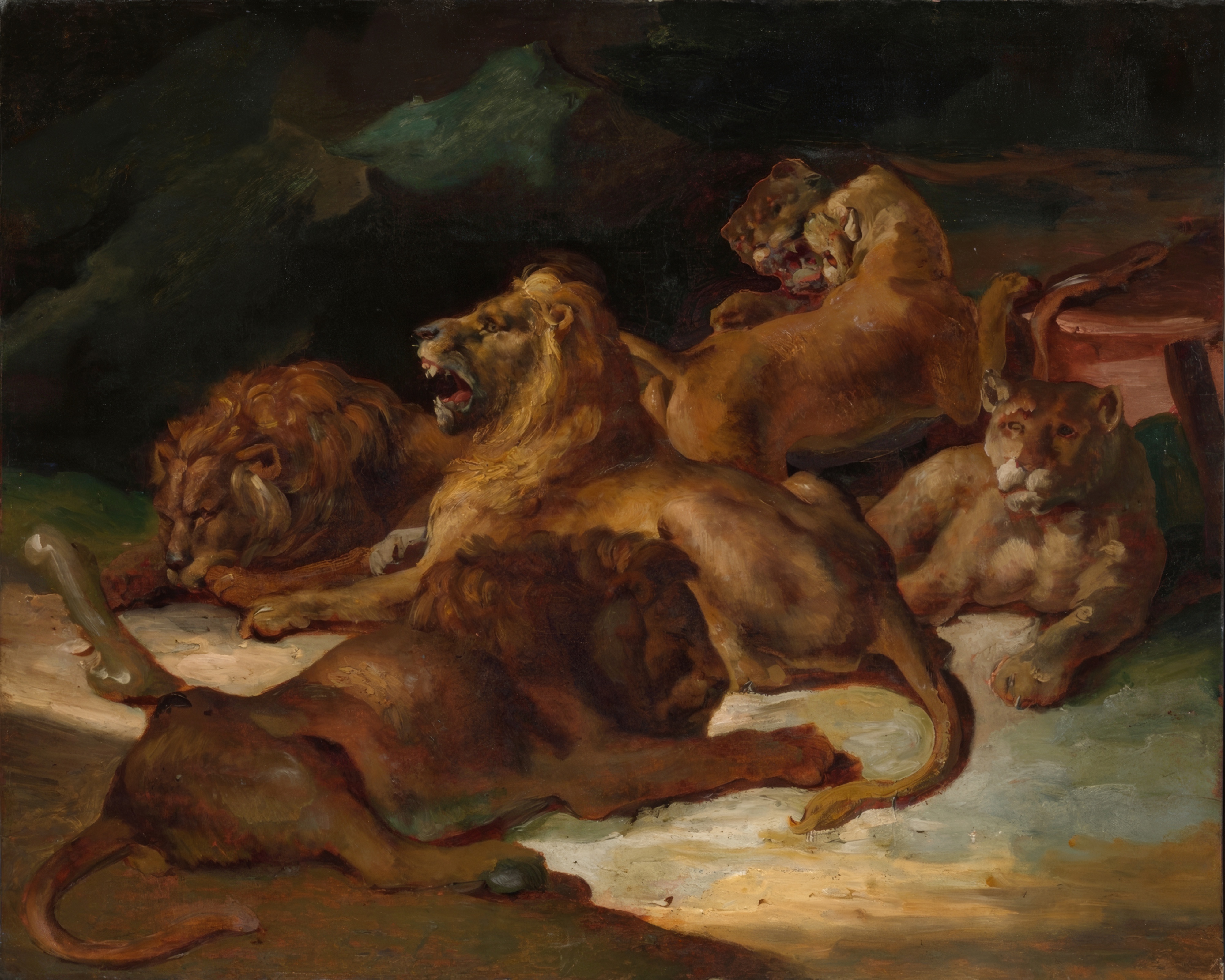 Two lions, one sitting alert and one resting, in a rugged mountain landscape.