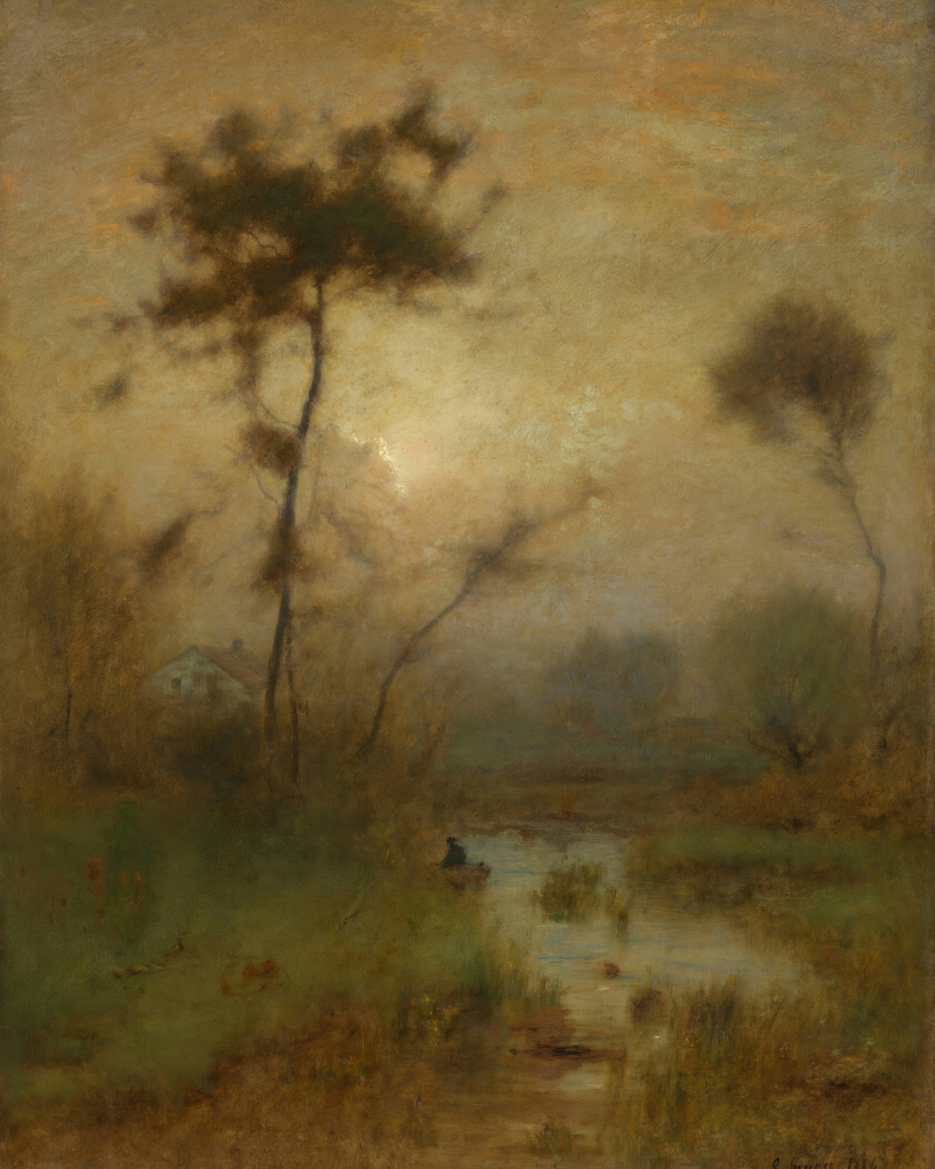 A lone figure stands in a misty dawn landscape where trees dissolve into silver haze.