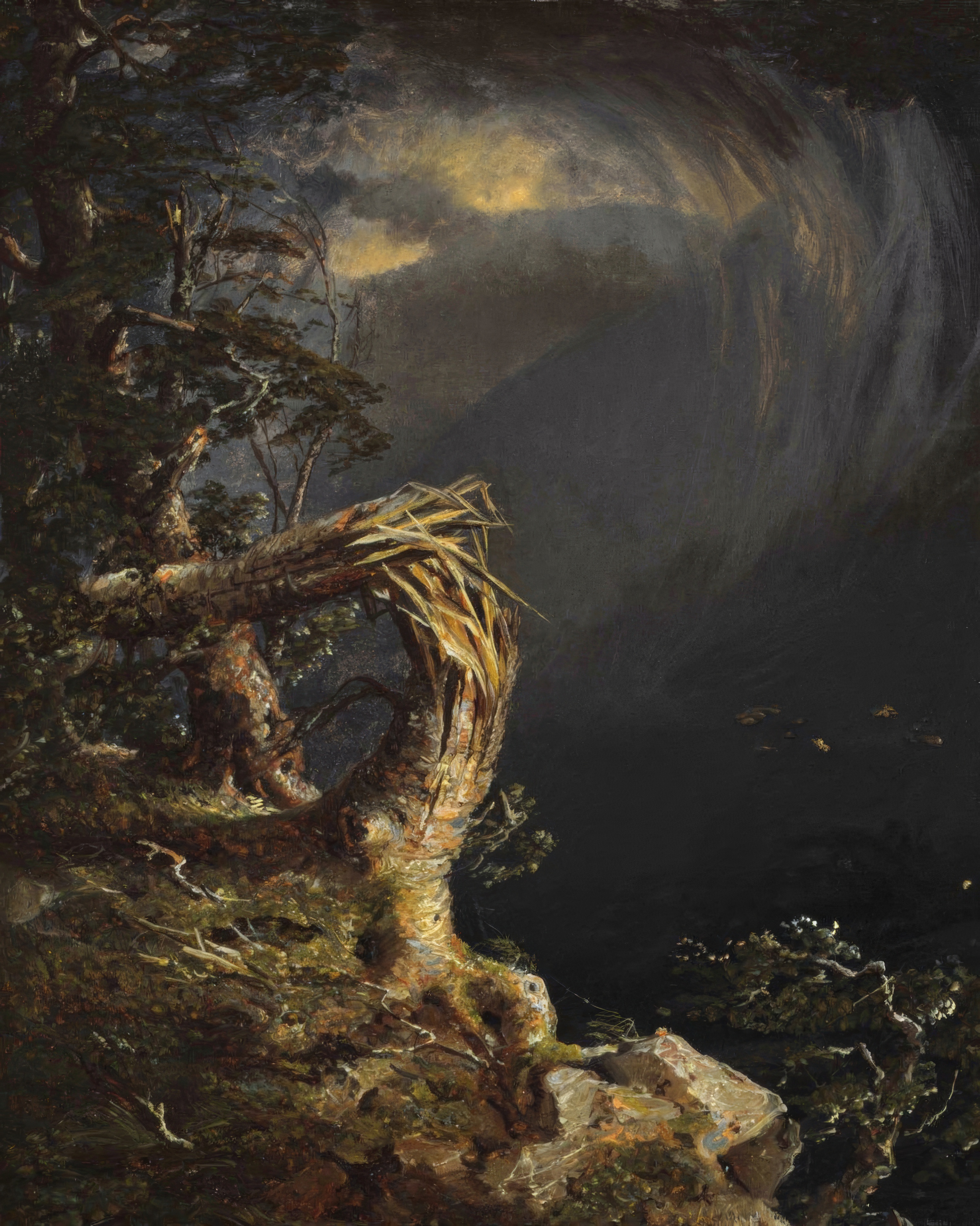 A lightning struck tree stands over a valley with a lake and distant mountains under breaking clouds.