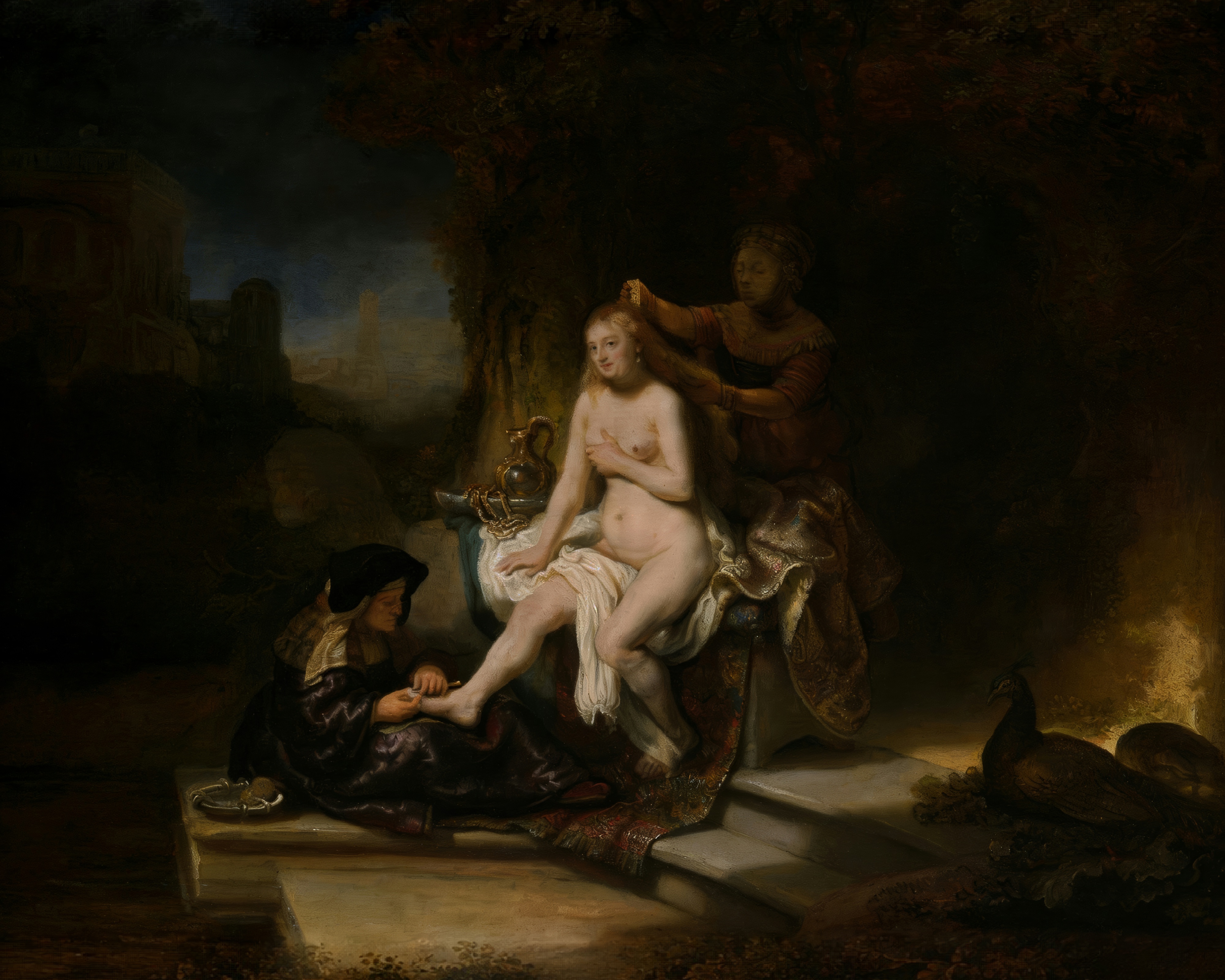 Bathsheba sits naked on a draped couch in a dark interior while two maids dress her hair and wash her feet.