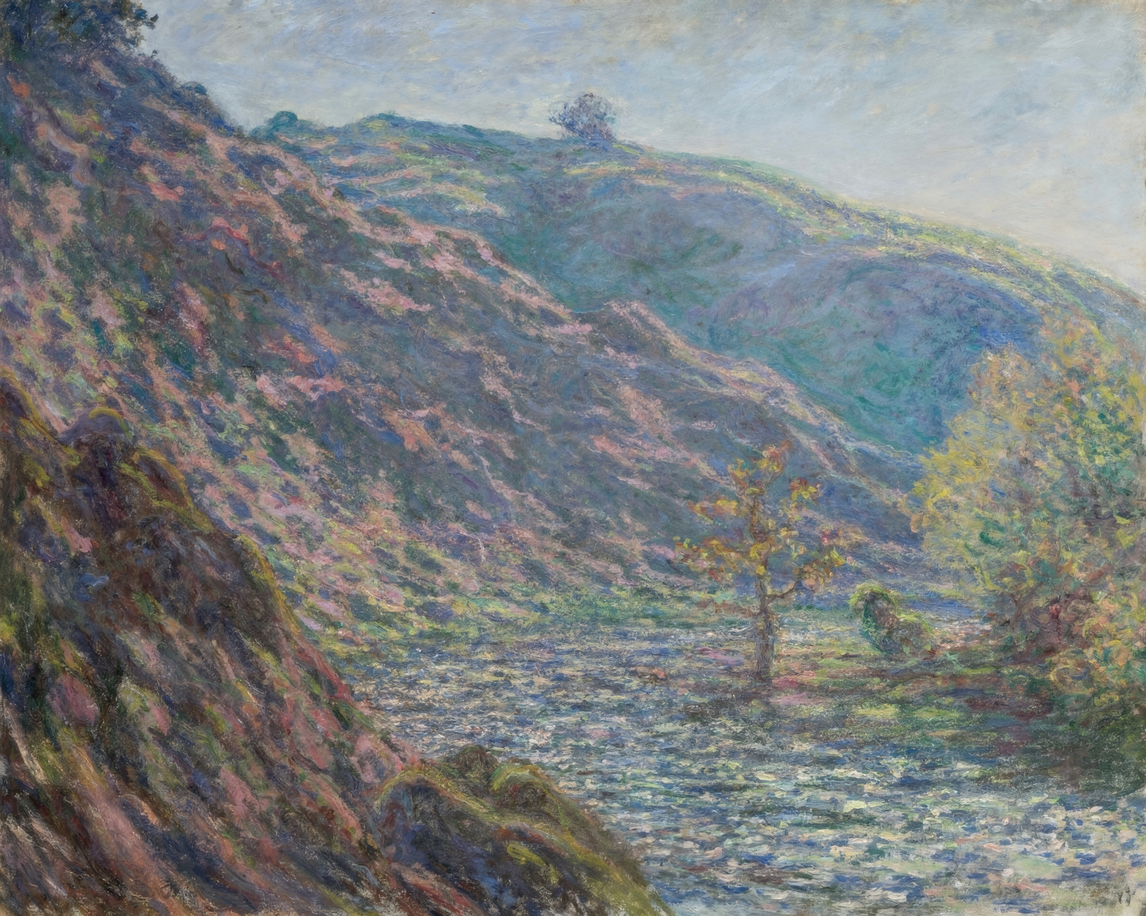 A river winds through a quiet valley, reflecting soft dawn or dusk light, painted in loose strokes.