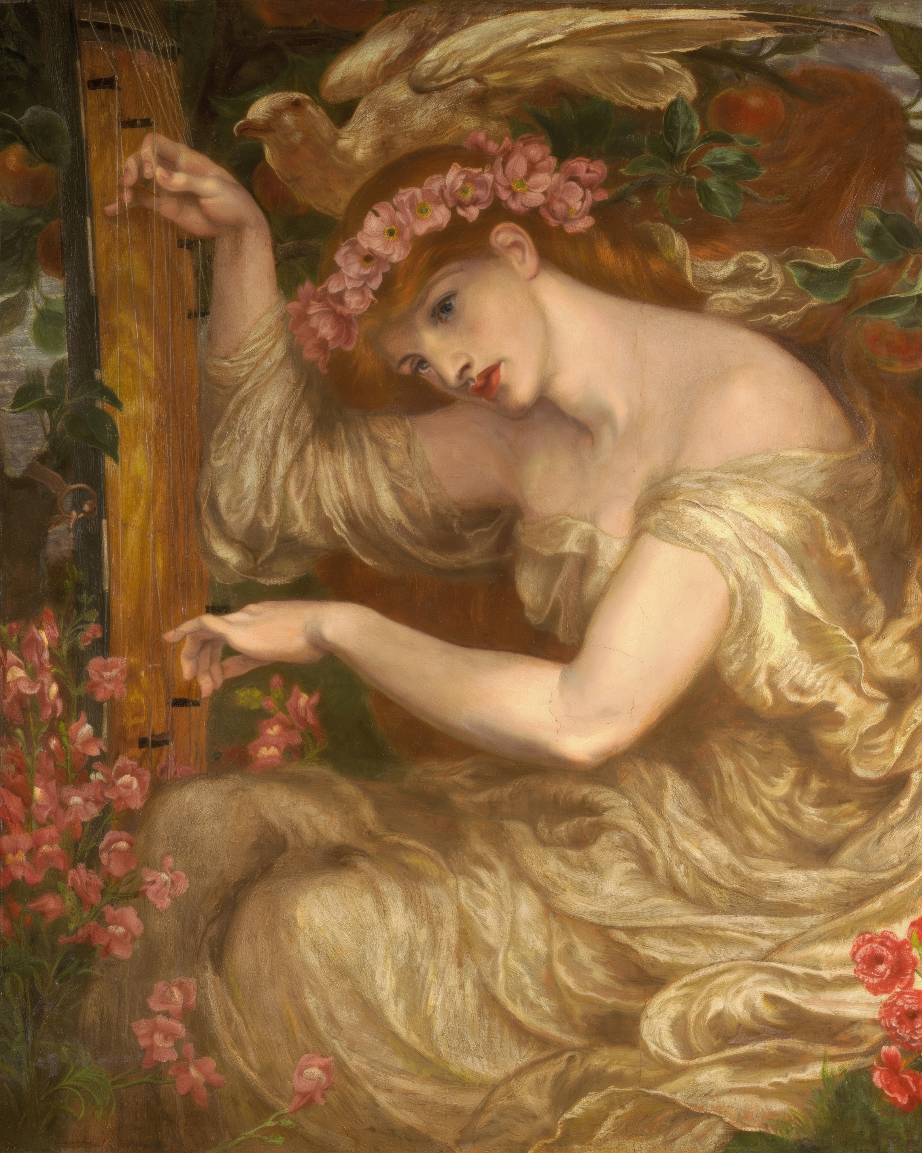 A woman with auburn hair plays a harp-like instrument among blue-green leaves while a seabird listens.