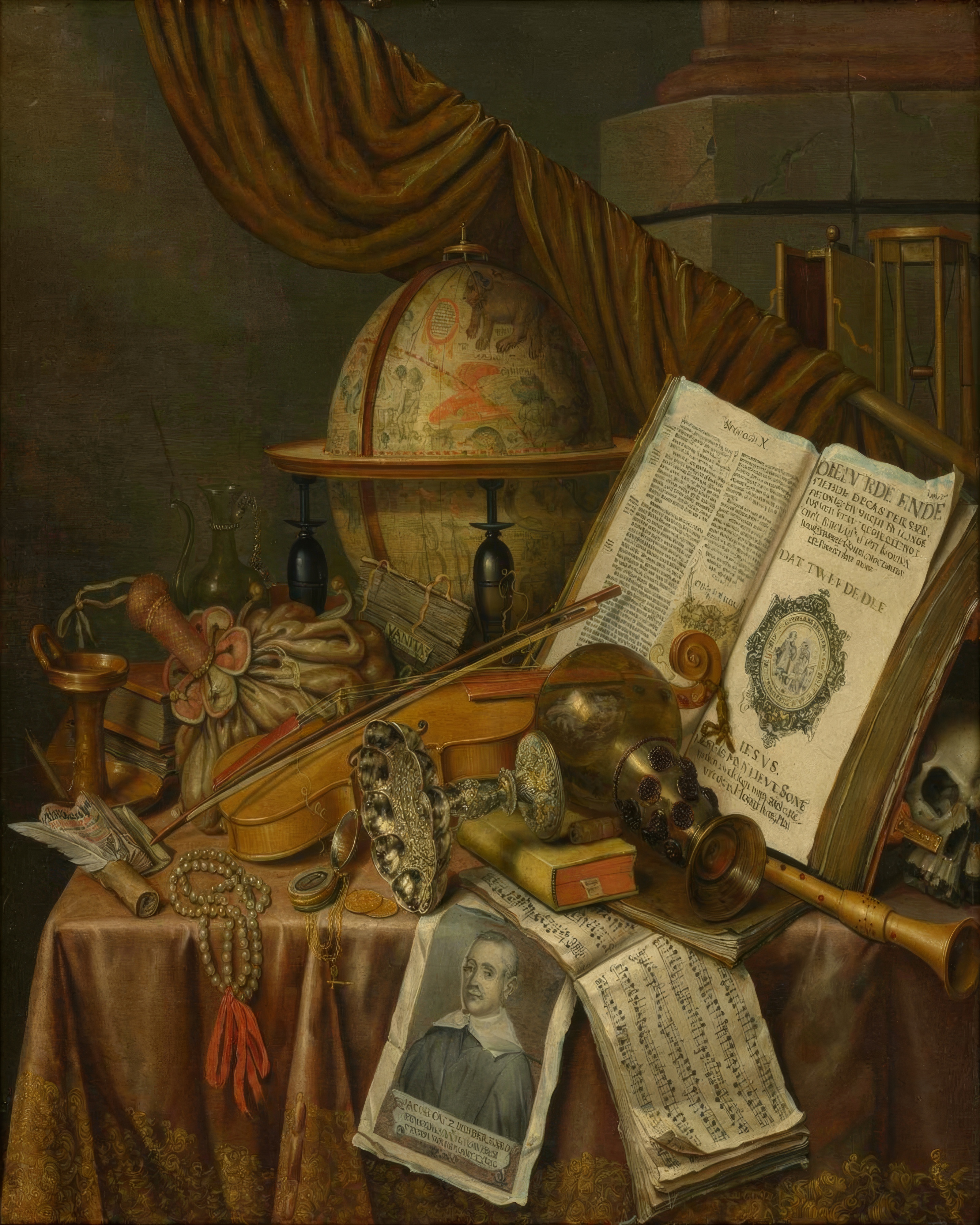 A skull, books, a musical instrument, a watch and other objects crowded on a table.