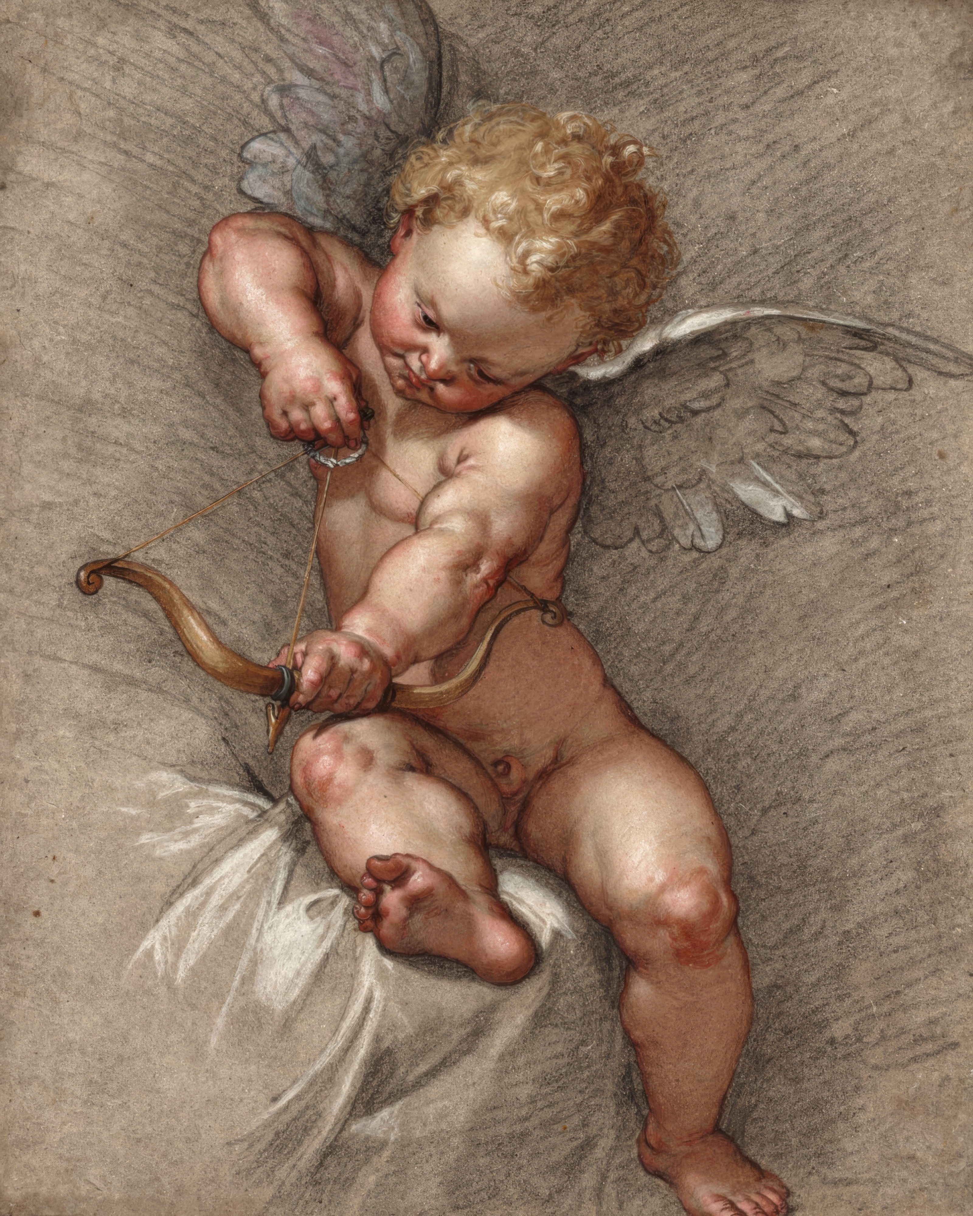 A young Cupid turns to look at the viewer as he draws his bow, drawn in chalk and pastel.