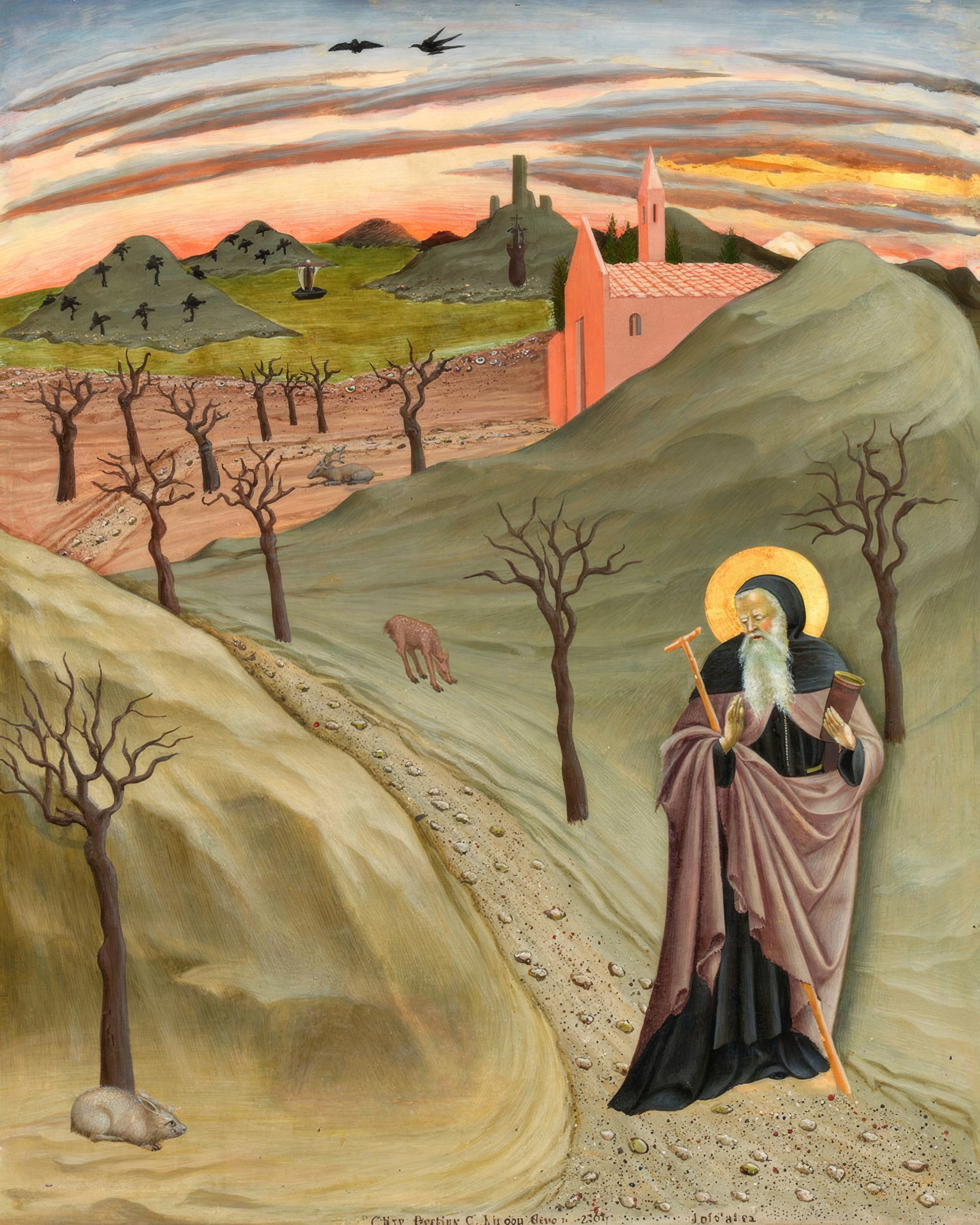 Saint Anthony walks alone through a rocky wilderness, painted in tempera and gold.
