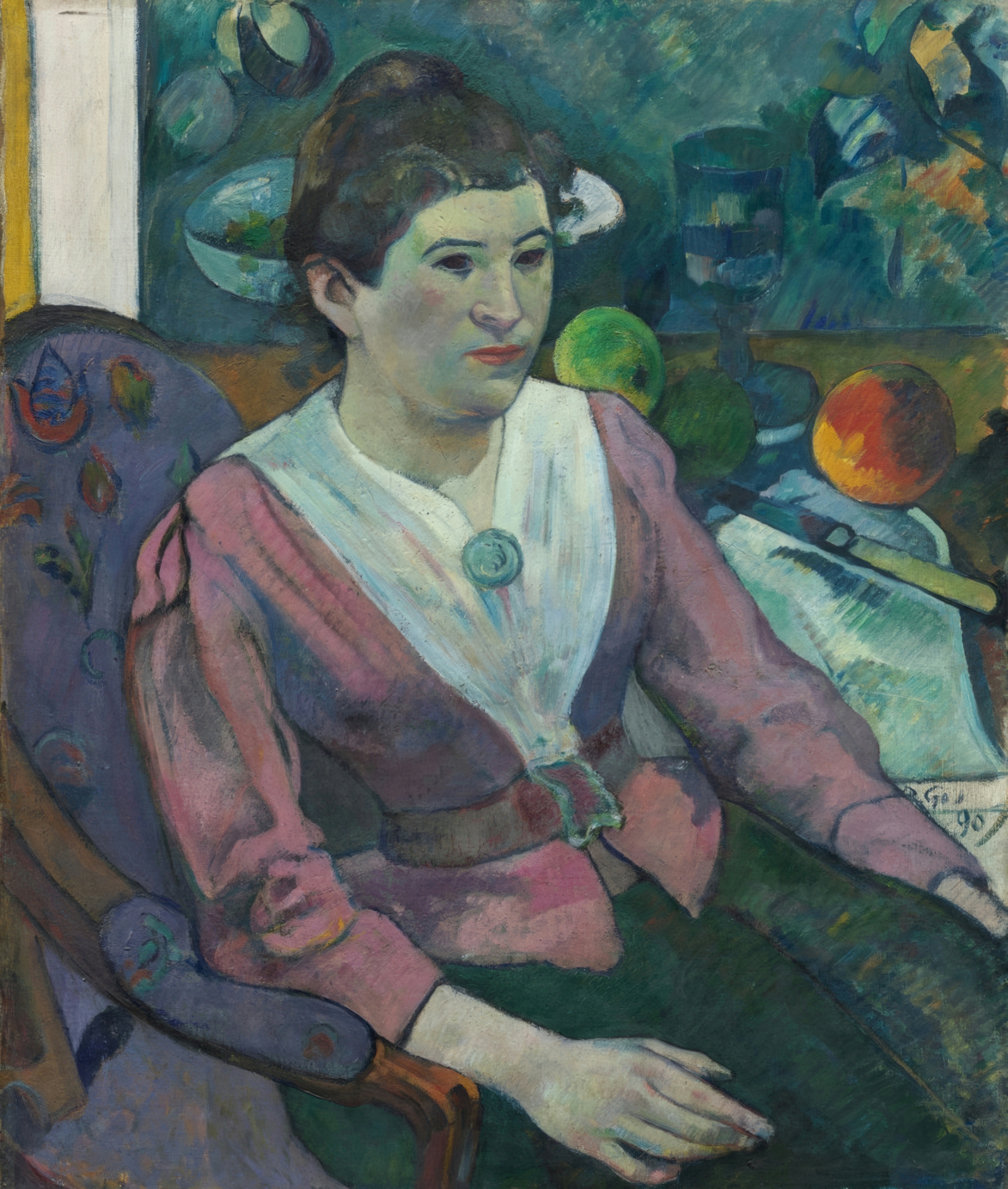 A woman in a dark dress sits in front of a still life by Cézanne.