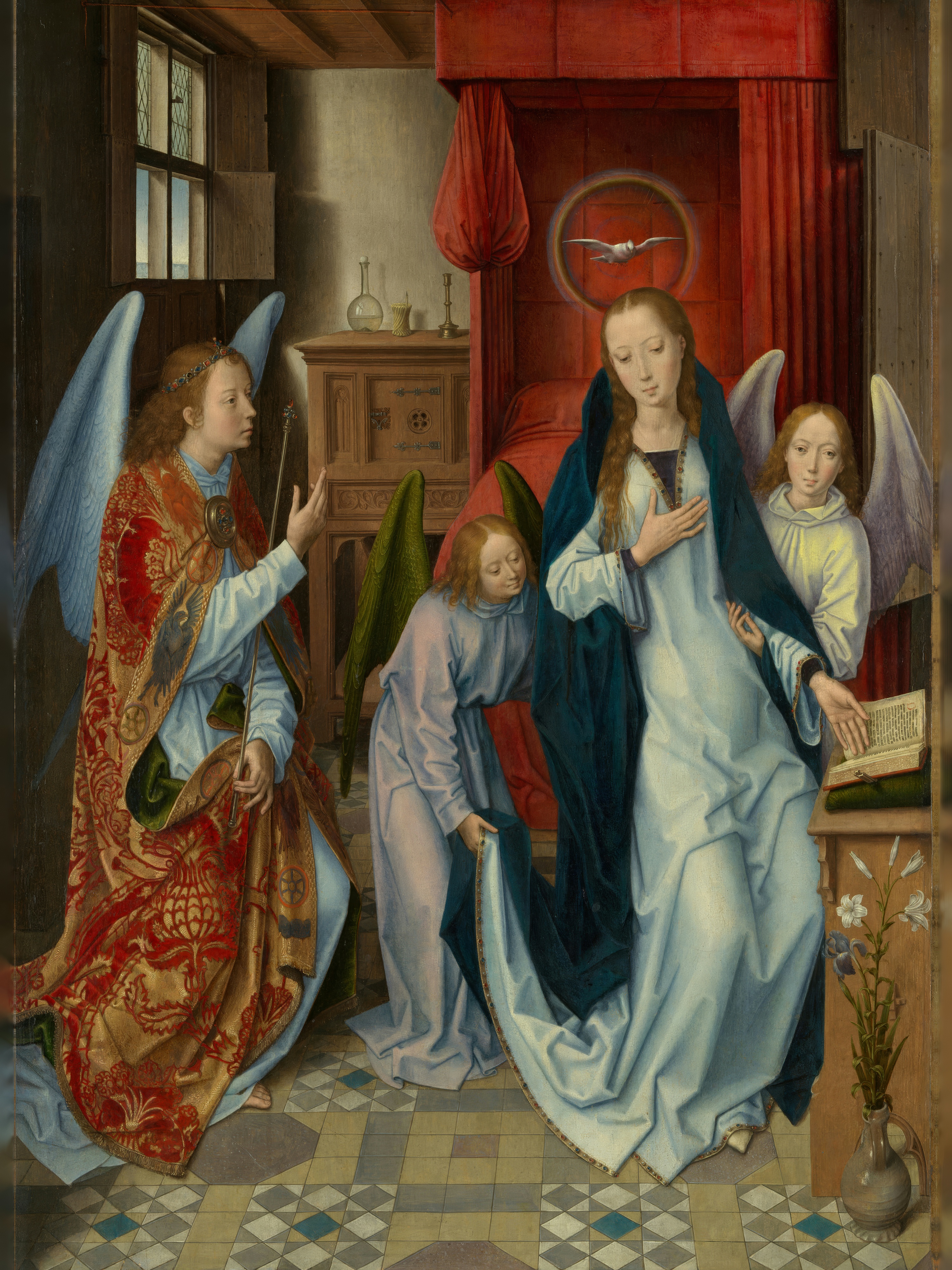 The angel Gabriel in rich robes kneels before the Virgin Mary in a Flemish bedroom.