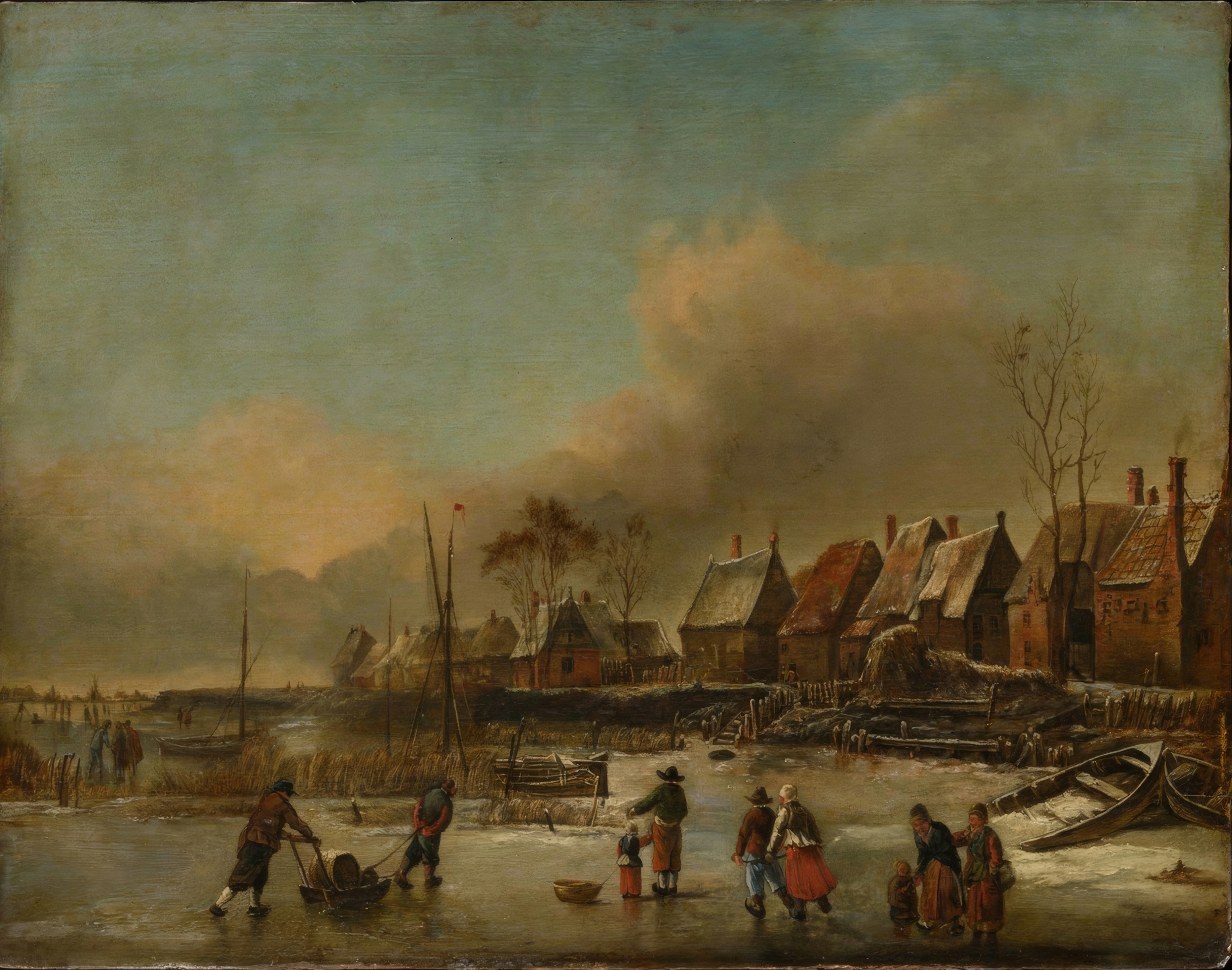 Skaters and figures gather on a frozen waterway under a huge winter sky.